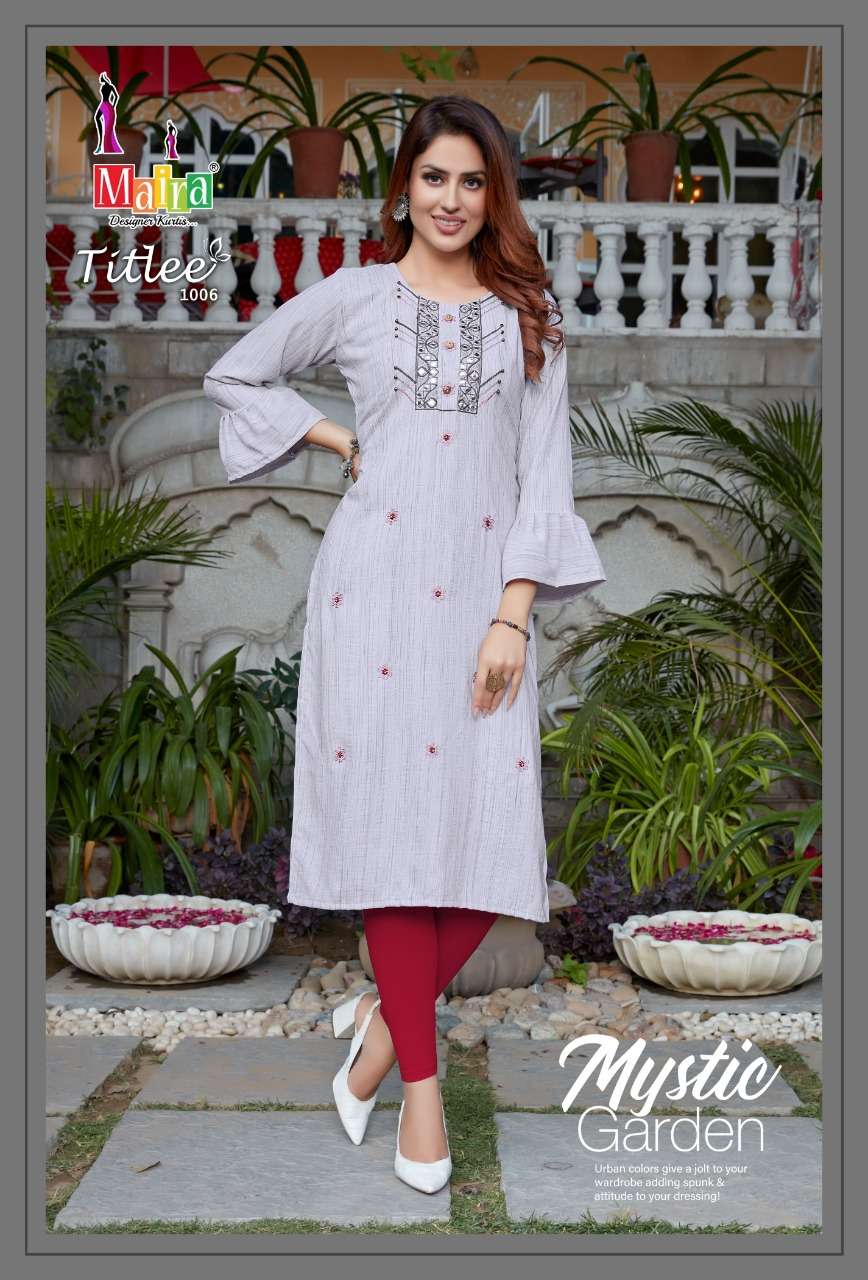 TITLEE BY MAIRA 1001 TO 1008 SERIES DESIGNER STYLISH FANCY COLORFUL BEAUTIFUL PARTY WEAR & ETHNIC WEAR COLLECTION HEAVY SILK EMBROIDERY KURTIS AT WHOLESALE PRICE