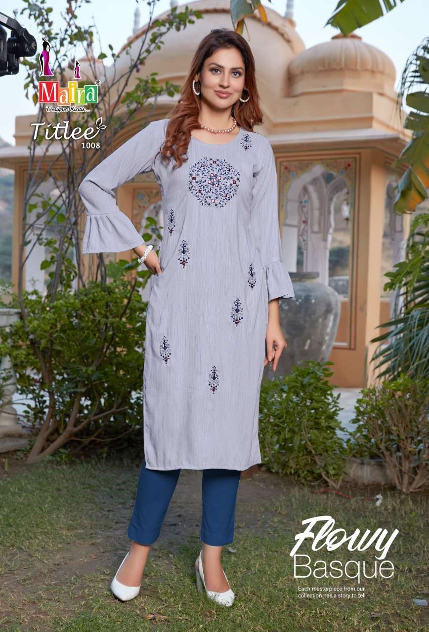 TITLEE BY MAIRA 1001 TO 1008 SERIES DESIGNER STYLISH FANCY COLORFUL BEAUTIFUL PARTY WEAR & ETHNIC WEAR COLLECTION HEAVY SILK EMBROIDERY KURTIS AT WHOLESALE PRICE
