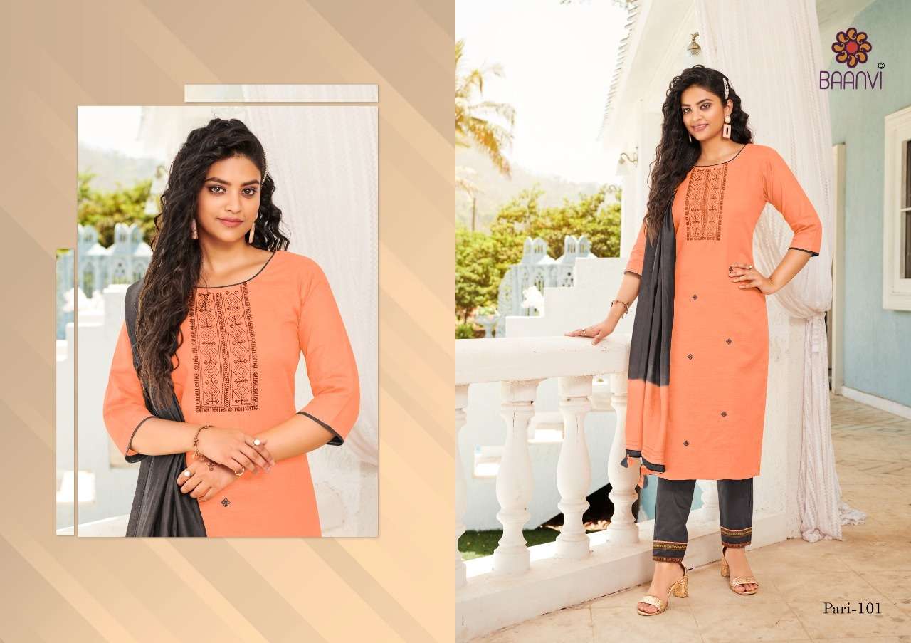 PARI VOL-1 BY BAANVI 101 TO 105 SERIES BEAUTIFUL SUITS COLORFUL STYLISH FANCY CASUAL WEAR & ETHNIC WEAR HEAVY COTTON EMBROIDERED DRESSES AT WHOLESALE PRICE
