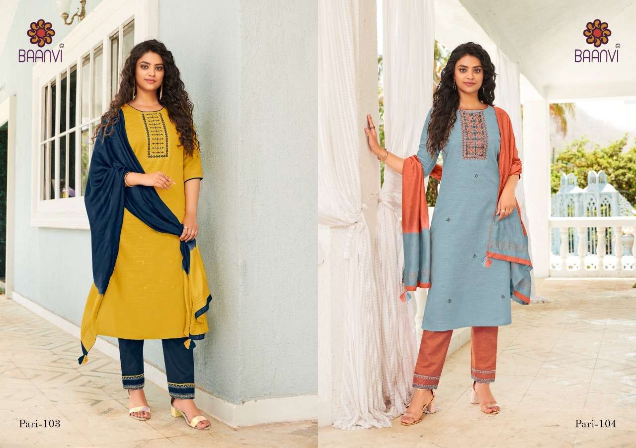 PARI VOL-1 BY BAANVI 101 TO 105 SERIES BEAUTIFUL SUITS COLORFUL STYLISH FANCY CASUAL WEAR & ETHNIC WEAR HEAVY COTTON EMBROIDERED DRESSES AT WHOLESALE PRICE