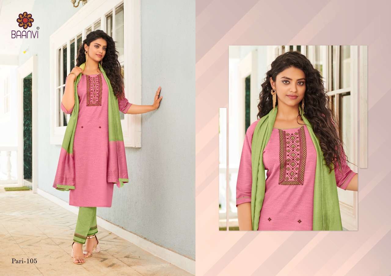 PARI VOL-1 BY BAANVI 101 TO 105 SERIES BEAUTIFUL SUITS COLORFUL STYLISH FANCY CASUAL WEAR & ETHNIC WEAR HEAVY COTTON EMBROIDERED DRESSES AT WHOLESALE PRICE