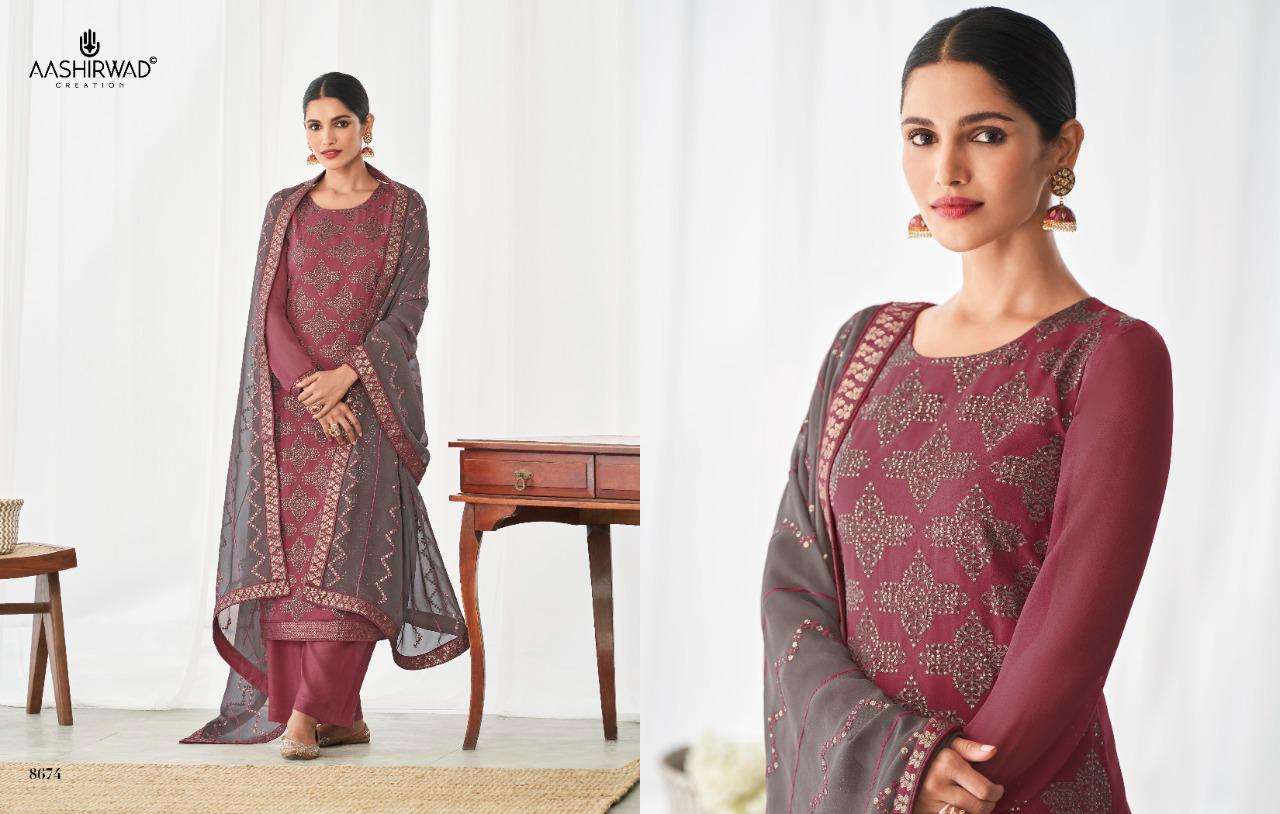 CHAKORI BY AASHIRWAD CREATION 8674 TO 8677 SERIES BEAUTIFUL STYLISH SUITS FANCY COLORFUL CASUAL WEAR & ETHNIC WEAR & READY TO WEAR REAL GEORGETTE EMBROIDERED DRESSES AT WHOLESALE PRICE