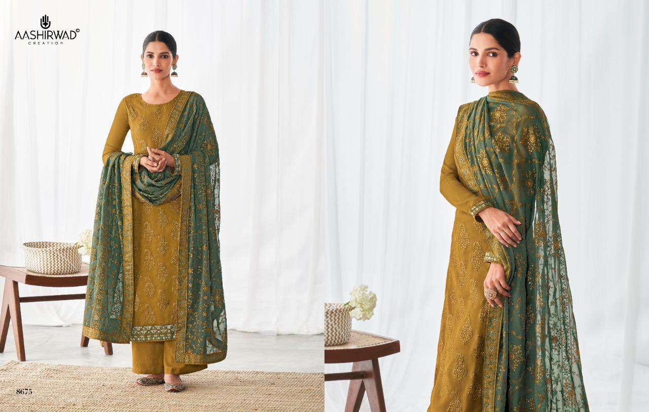 CHAKORI BY AASHIRWAD CREATION 8674 TO 8677 SERIES BEAUTIFUL STYLISH SUITS FANCY COLORFUL CASUAL WEAR & ETHNIC WEAR & READY TO WEAR REAL GEORGETTE EMBROIDERED DRESSES AT WHOLESALE PRICE