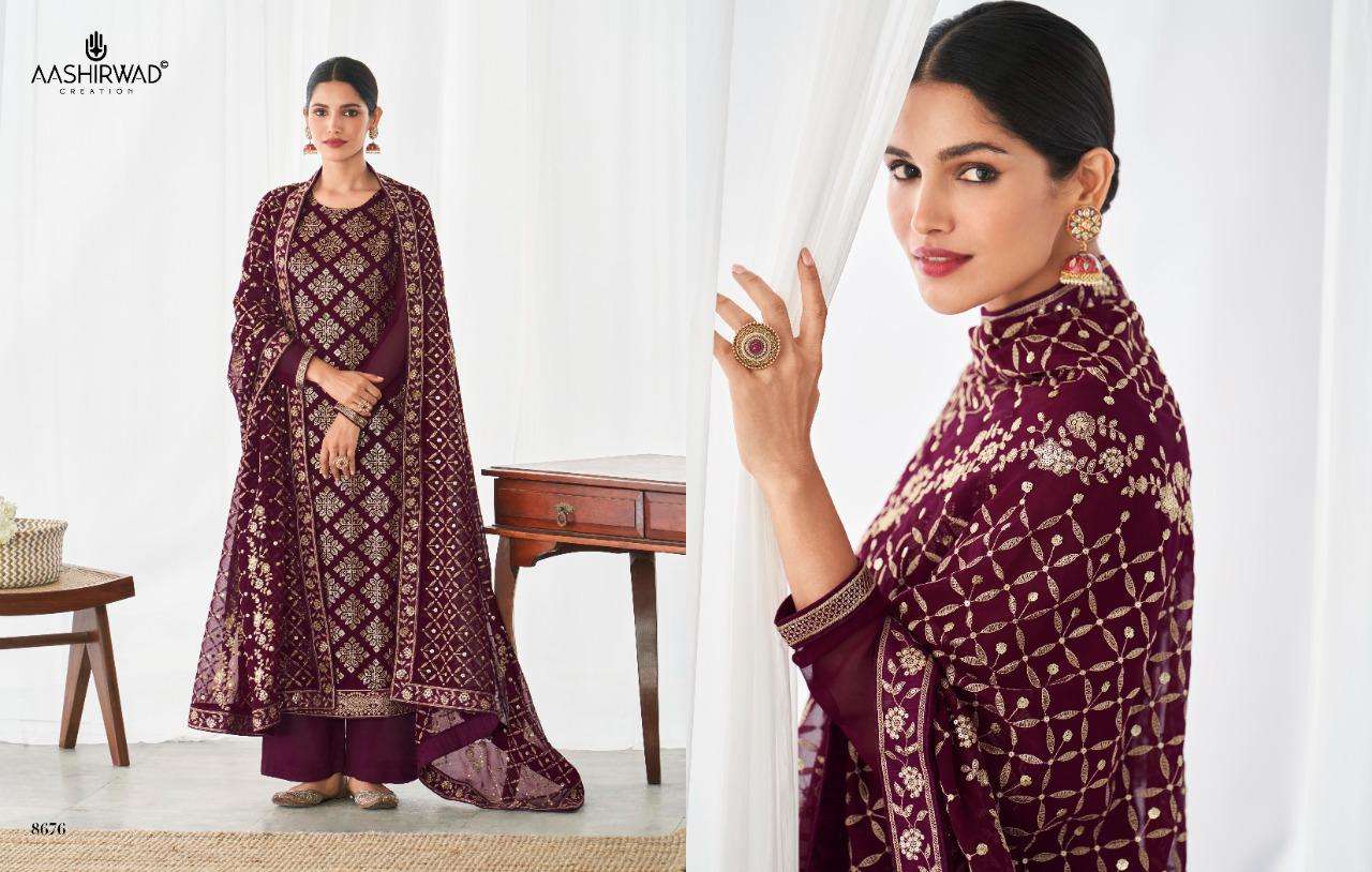 CHAKORI BY AASHIRWAD CREATION 8674 TO 8677 SERIES BEAUTIFUL STYLISH SUITS FANCY COLORFUL CASUAL WEAR & ETHNIC WEAR & READY TO WEAR REAL GEORGETTE EMBROIDERED DRESSES AT WHOLESALE PRICE