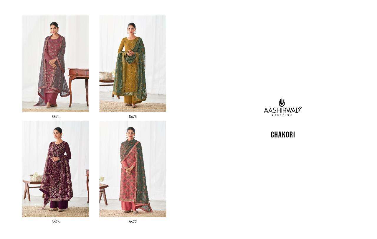 CHAKORI BY AASHIRWAD CREATION 8674 TO 8677 SERIES BEAUTIFUL STYLISH SUITS FANCY COLORFUL CASUAL WEAR & ETHNIC WEAR & READY TO WEAR REAL GEORGETTE EMBROIDERED DRESSES AT WHOLESALE PRICE