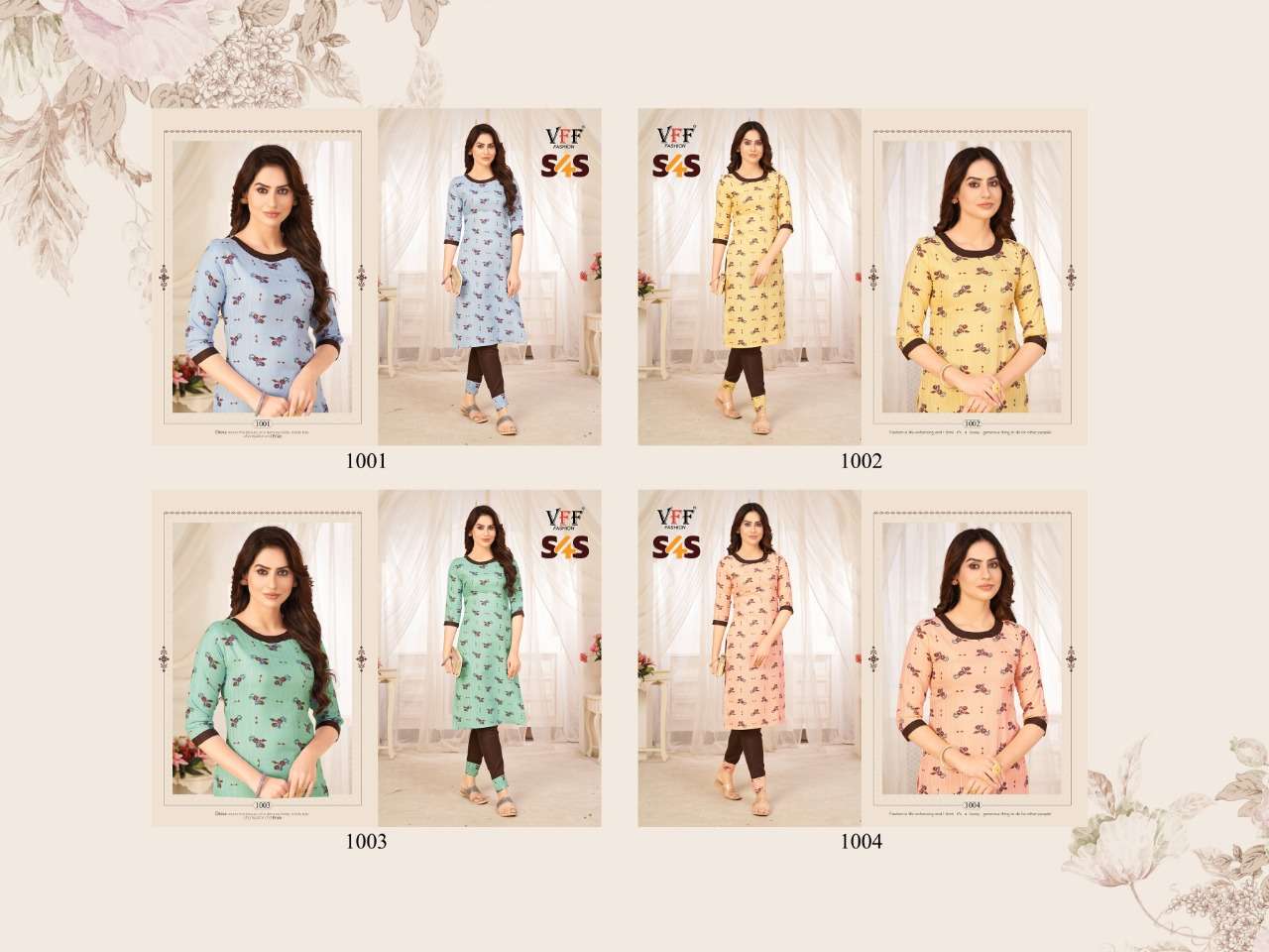 S4S BY VFF 1001 TO 1004 SERIES DESIGNER STYLISH FANCY COLORFUL BEAUTIFUL PARTY WEAR & ETHNIC WEAR COLLECTION COTTON PRINT KURTIS AT WHOLESALE PRICE