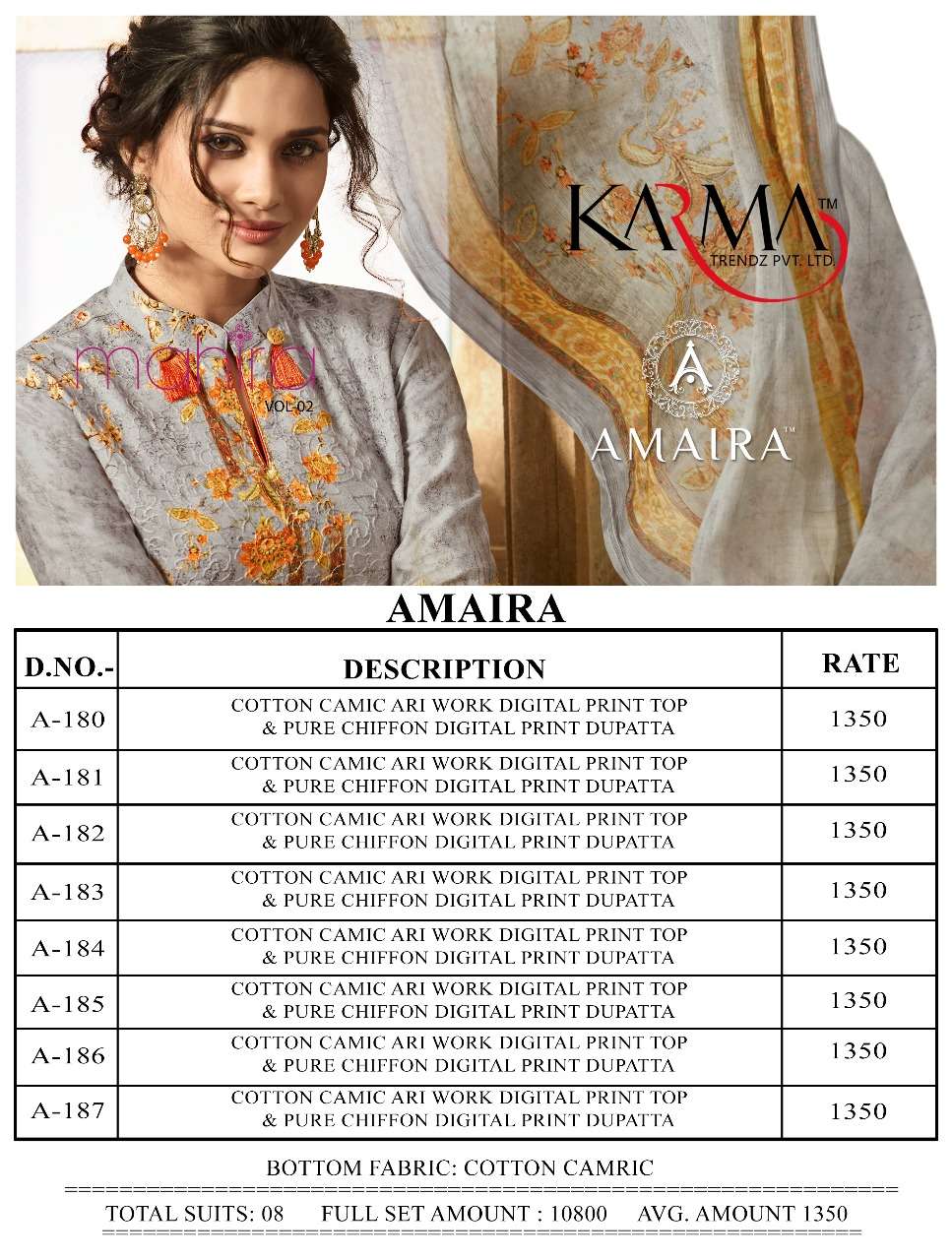 AMAIRA 180 SERIES BY KARMA TRENDZ 180 TO 187 SERIES BEAUTIFUL STYLISH FANCY COLORFUL PARTY WEAR & ETHNIC WEAR CAMBRIC COTTON DIGITAL PRINT DRESSES AT WHOLESALE PRICE