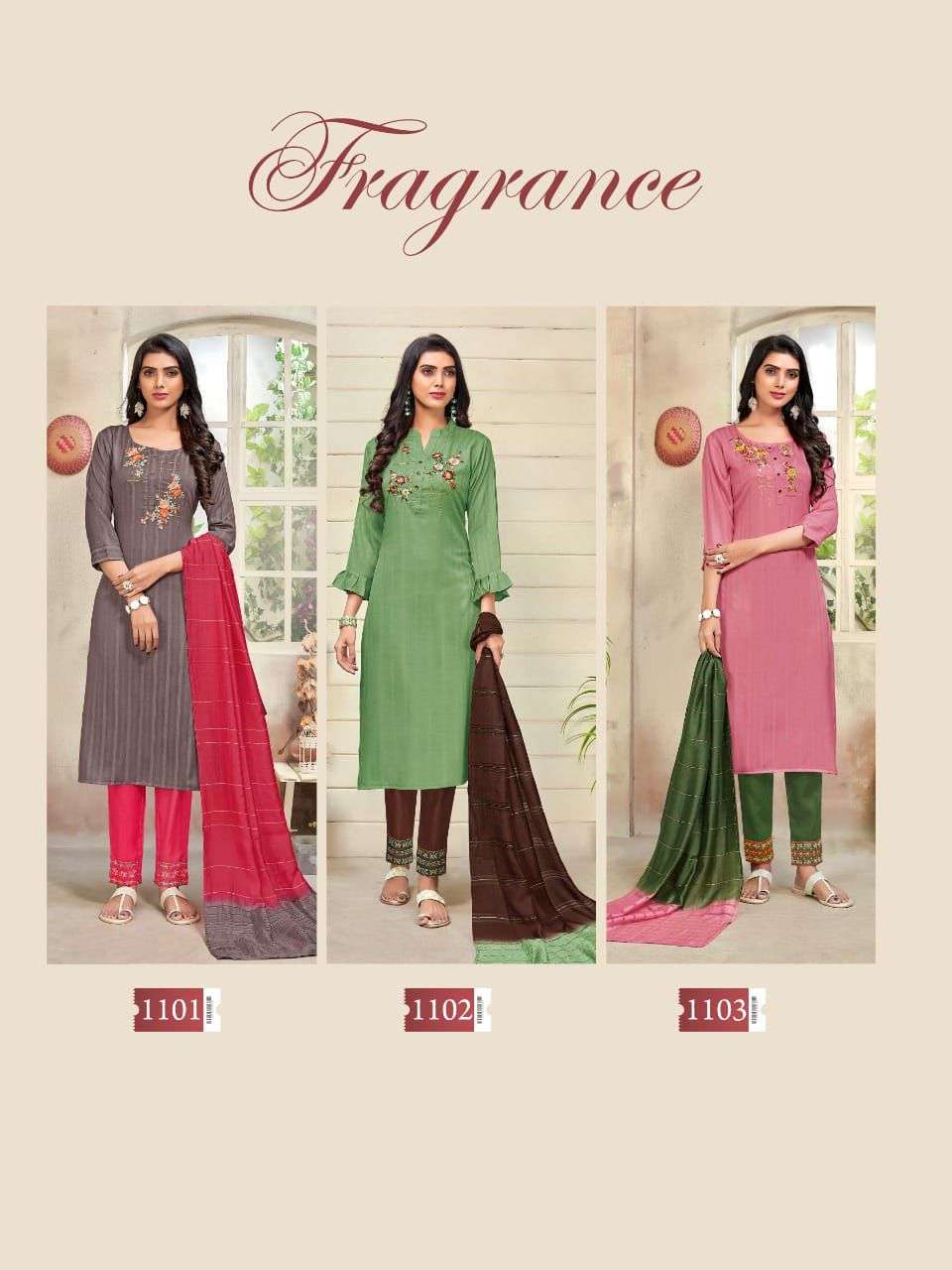 FRAGRANCE BY PINK MIRROR 1101 TO 1106 SERIES BEAUTIFUL SUITS COLORFUL STYLISH FANCY CASUAL WEAR & ETHNIC WEAR VISCOSE EMBROIDERED DRESSES AT WHOLESALE PRICE