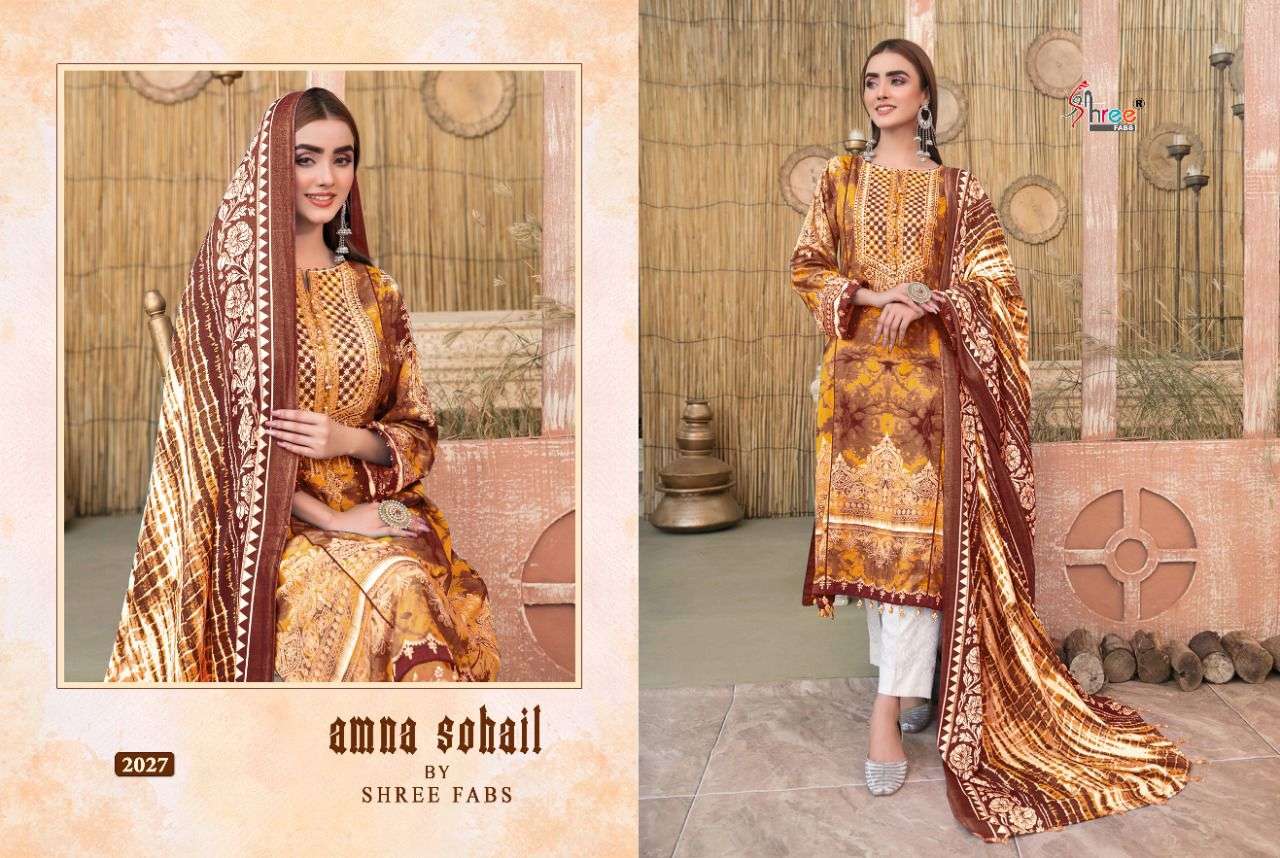 AMNA SOHAIL BY SHREE FABS 2021 TO 2028 SERIES DESIGNER PAKISTANI SUITS BEAUTIFUL STYLISH FANCY COLORFUL PARTY WEAR & OCCASIONAL WEAR PURE COTTON PRINT DRESSES AT WHOLESALE PRICE