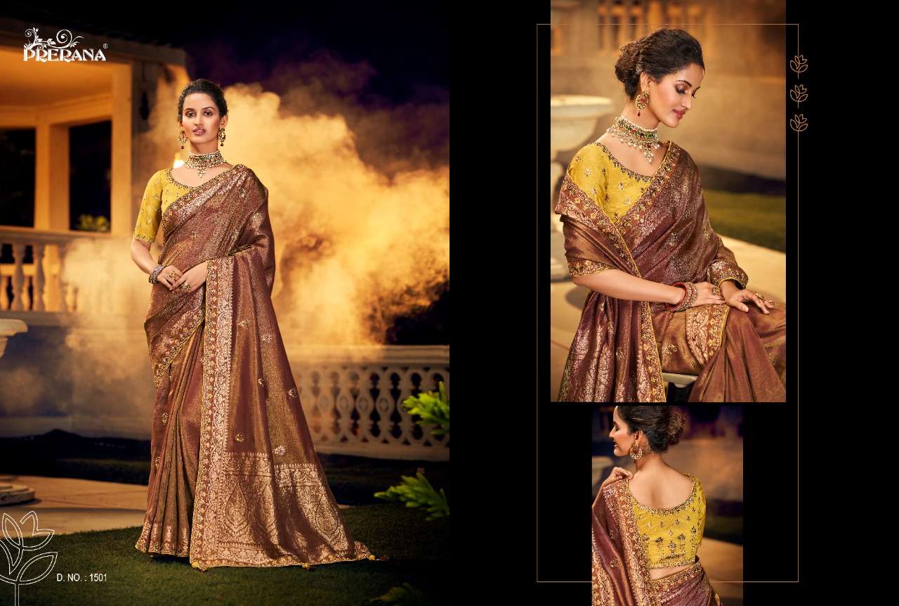 PRERANA 1501 SERIES BY PRERANA 1501 TO 1509 SERIES INDIAN TRADITIONAL WEAR COLLECTION BEAUTIFUL STYLISH FANCY COLORFUL PARTY WEAR & OCCASIONAL WEAR FANCY SAREES AT WHOLESALE PRICE