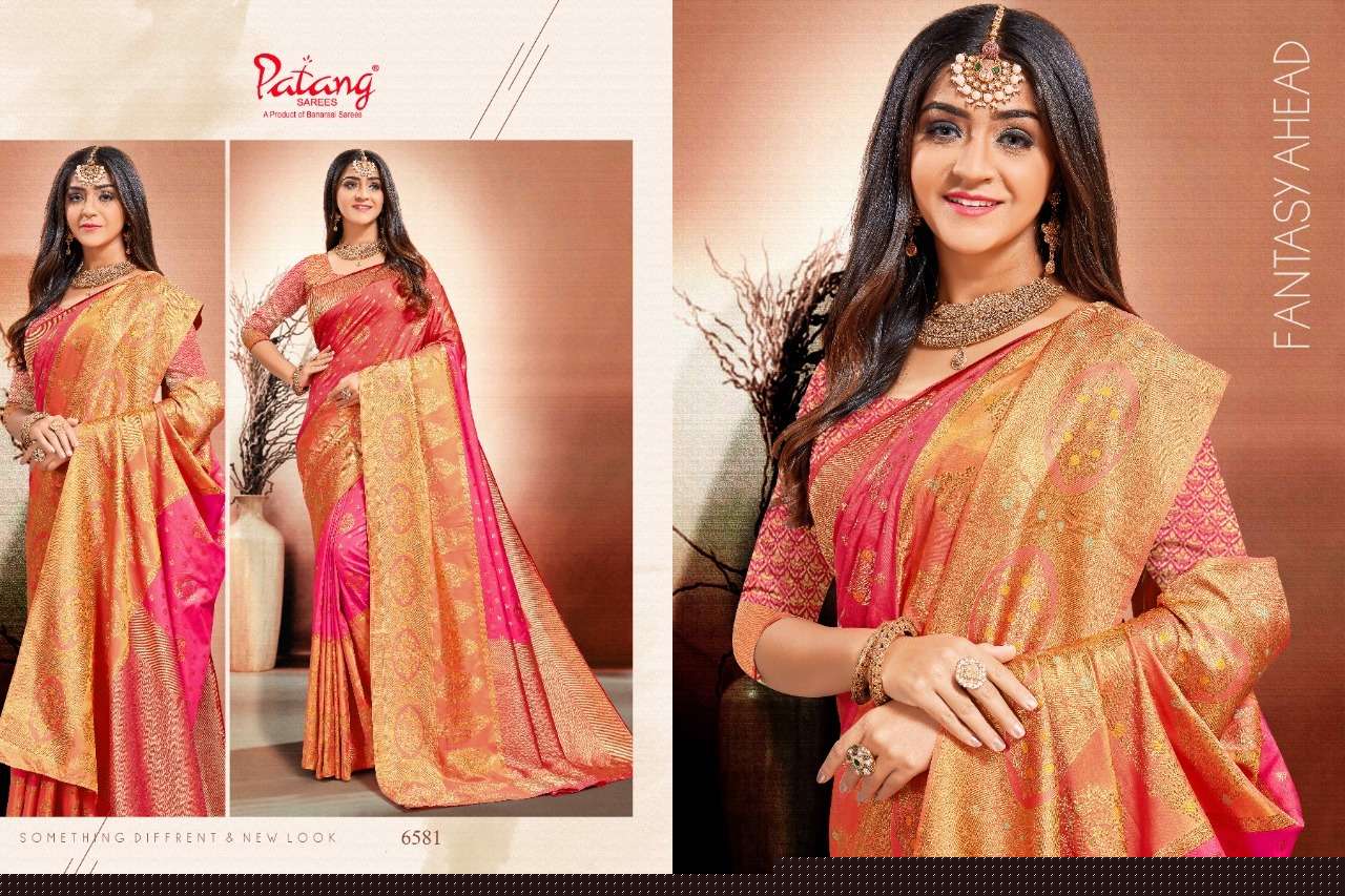 PATANG 6581 SERIES BY PATANG SAREES 6581 TO 6586 SERIES INDIAN TRADITIONAL WEAR COLLECTION BEAUTIFUL STYLISH FANCY COLORFUL PARTY WEAR & OCCASIONAL WEAR SILK SAREES AT WHOLESALE PRICE
