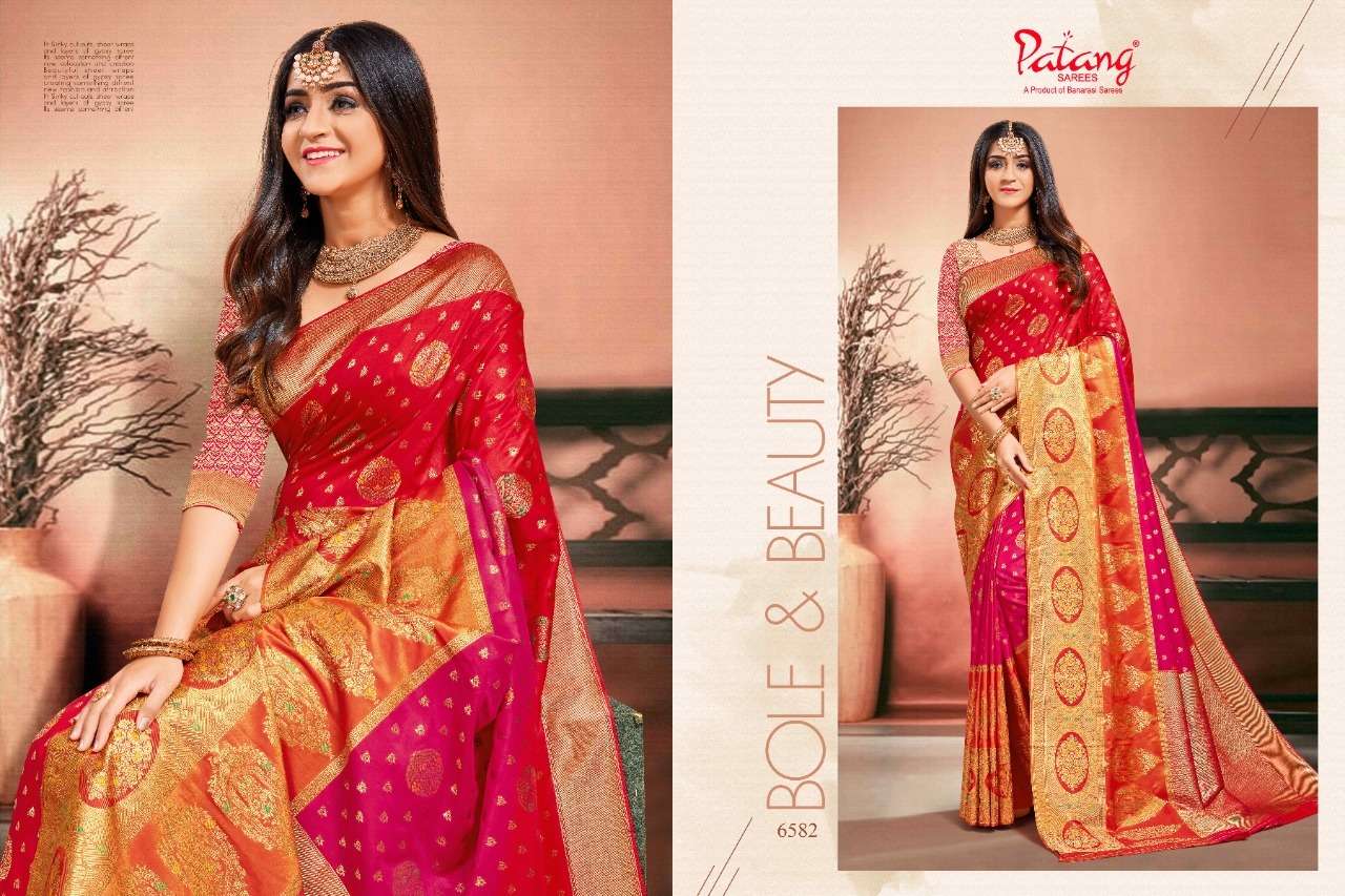 PATANG 6581 SERIES BY PATANG SAREES 6581 TO 6586 SERIES INDIAN TRADITIONAL WEAR COLLECTION BEAUTIFUL STYLISH FANCY COLORFUL PARTY WEAR & OCCASIONAL WEAR SILK SAREES AT WHOLESALE PRICE
