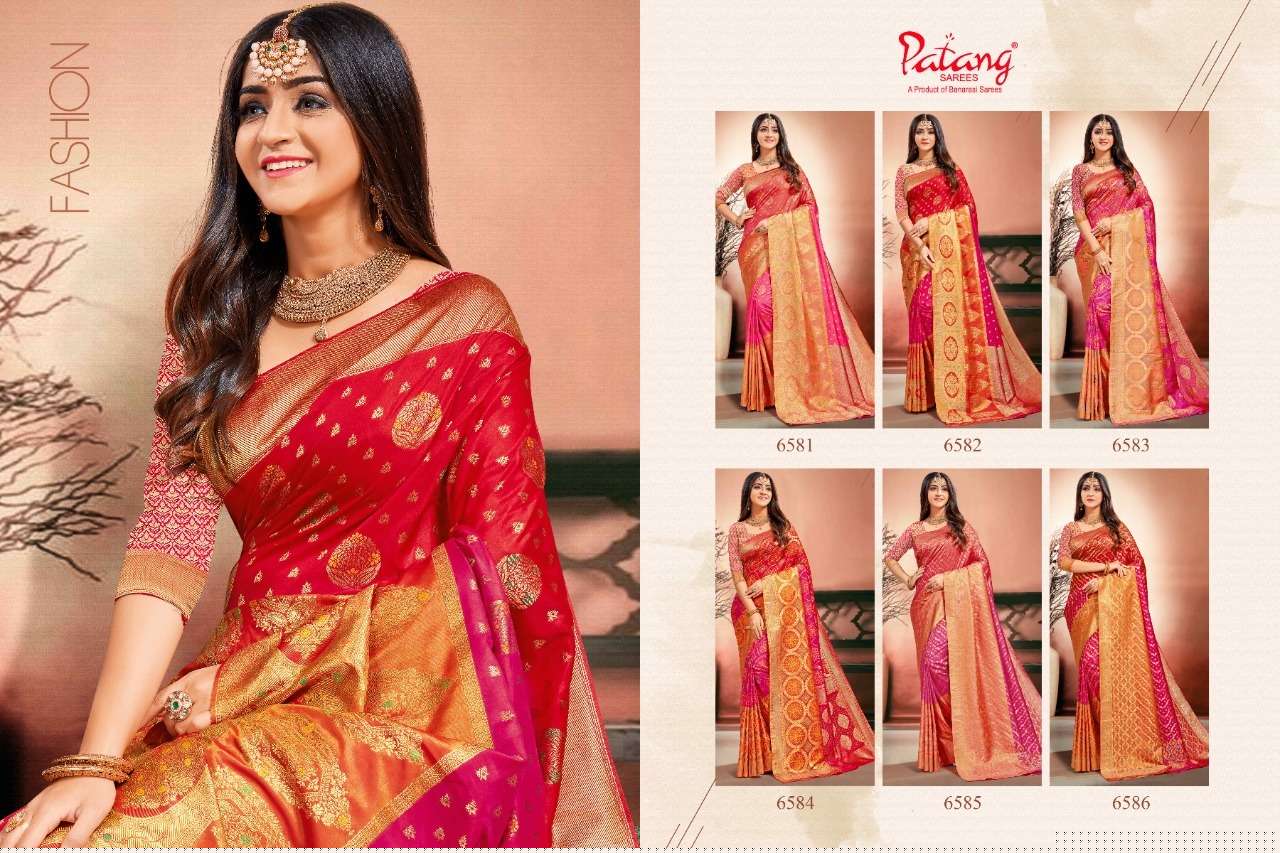 PATANG 6581 SERIES BY PATANG SAREES 6581 TO 6586 SERIES INDIAN TRADITIONAL WEAR COLLECTION BEAUTIFUL STYLISH FANCY COLORFUL PARTY WEAR & OCCASIONAL WEAR SILK SAREES AT WHOLESALE PRICE