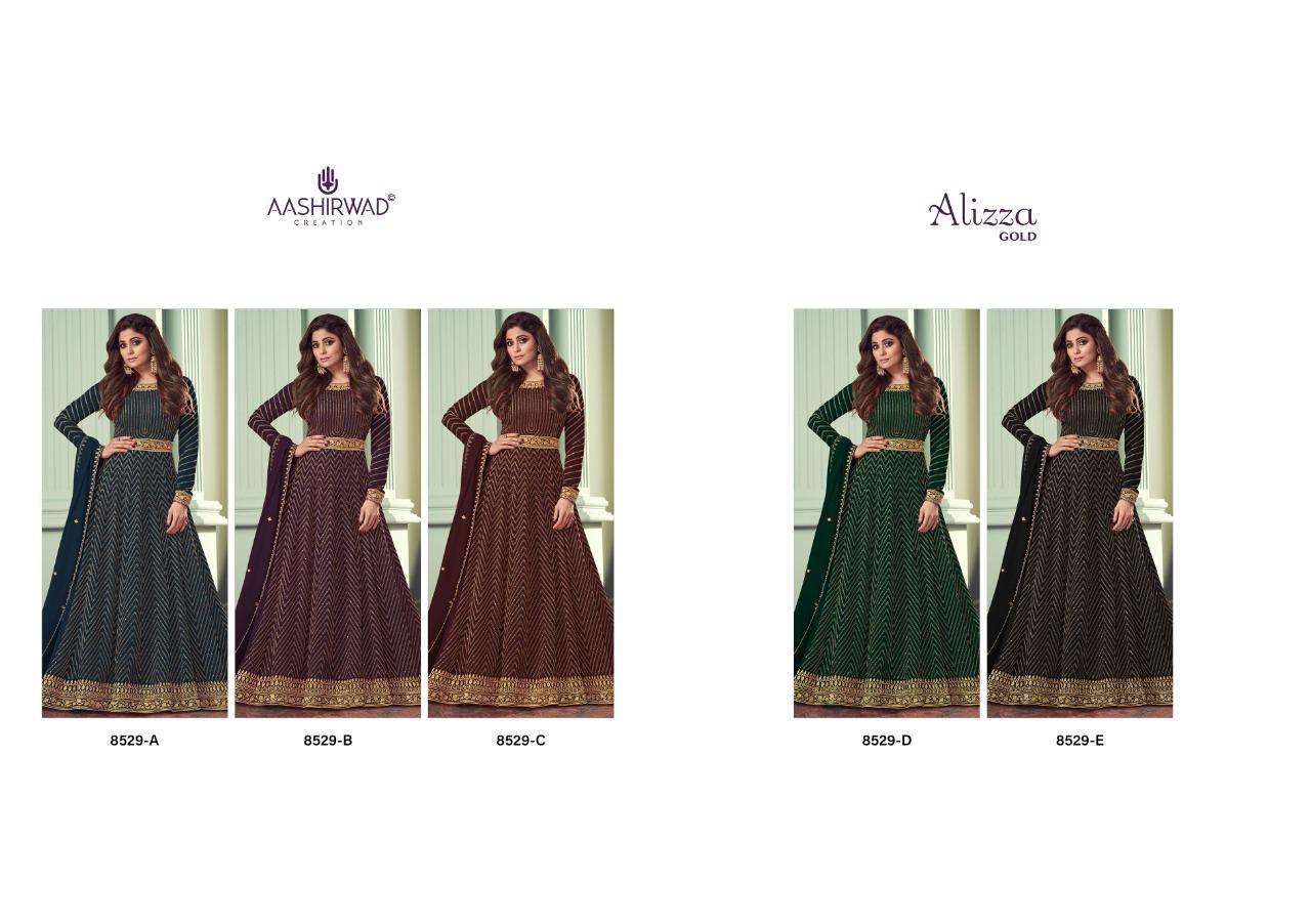 Alizza Gold By Aashirwad Creation 8529-A To 8529-E Series Beautiful Stylish Sharara Suits Fancy Colorful Casual Wear & Ethnic Wear & Ready To Wear Real Georgette Dresses At Wholesale Price