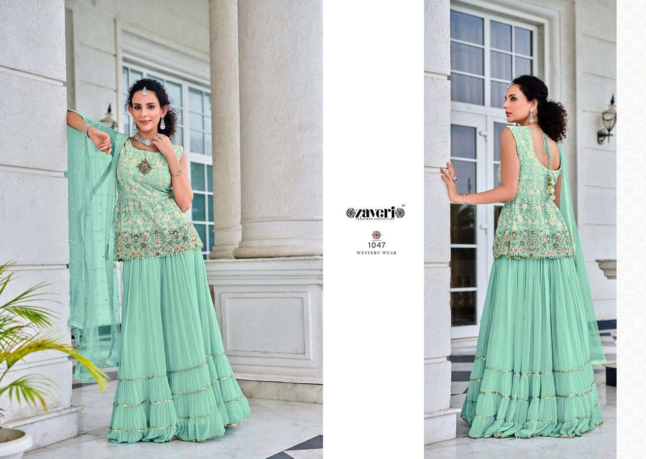 WESTERN WEAR VOL-2 BY ZAVERI 1047 TO 1050 SERIES BEAUTIFUL STYLISH SHARARA SUITS FANCY COLORFUL CASUAL WEAR & ETHNIC WEAR & READY TO WEAR PURE VISCOSE GEORGETTE EMBROIDERED DRESSES AT WHOLESALE PRICE