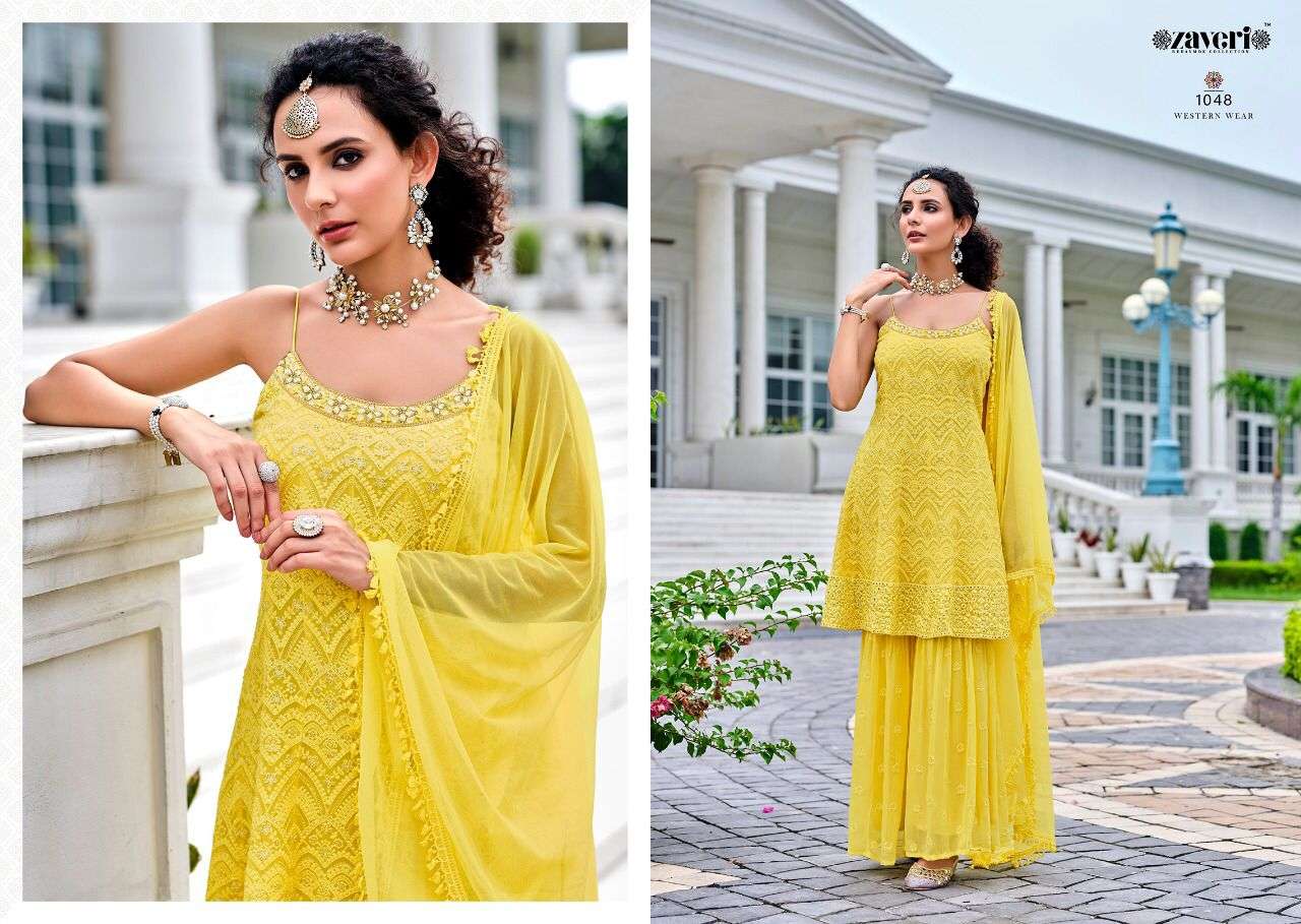 WESTERN WEAR VOL-2 BY ZAVERI 1047 TO 1050 SERIES BEAUTIFUL STYLISH SHARARA SUITS FANCY COLORFUL CASUAL WEAR & ETHNIC WEAR & READY TO WEAR PURE VISCOSE GEORGETTE EMBROIDERED DRESSES AT WHOLESALE PRICE