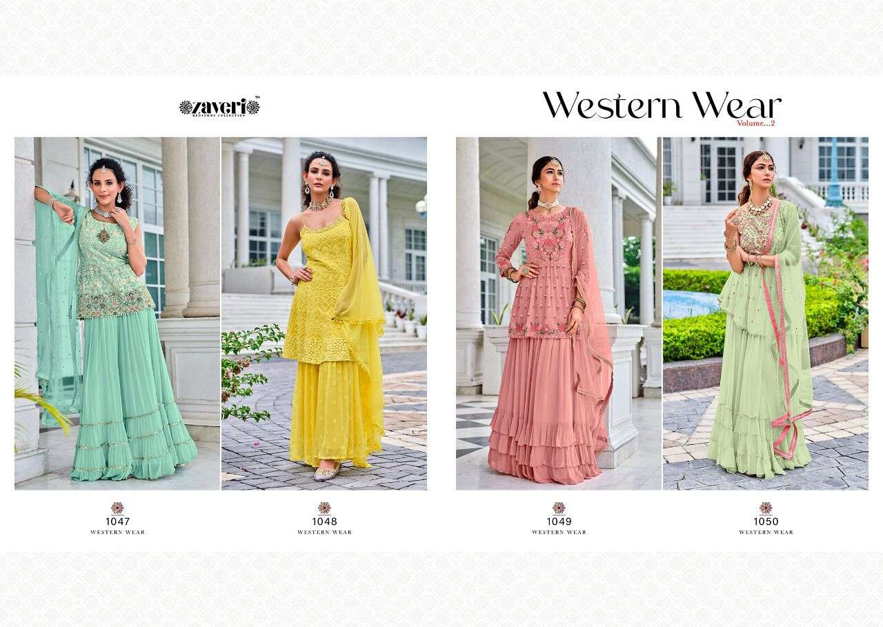 WESTERN WEAR VOL-2 BY ZAVERI 1047 TO 1050 SERIES BEAUTIFUL STYLISH SHARARA SUITS FANCY COLORFUL CASUAL WEAR & ETHNIC WEAR & READY TO WEAR PURE VISCOSE GEORGETTE EMBROIDERED DRESSES AT WHOLESALE PRICE