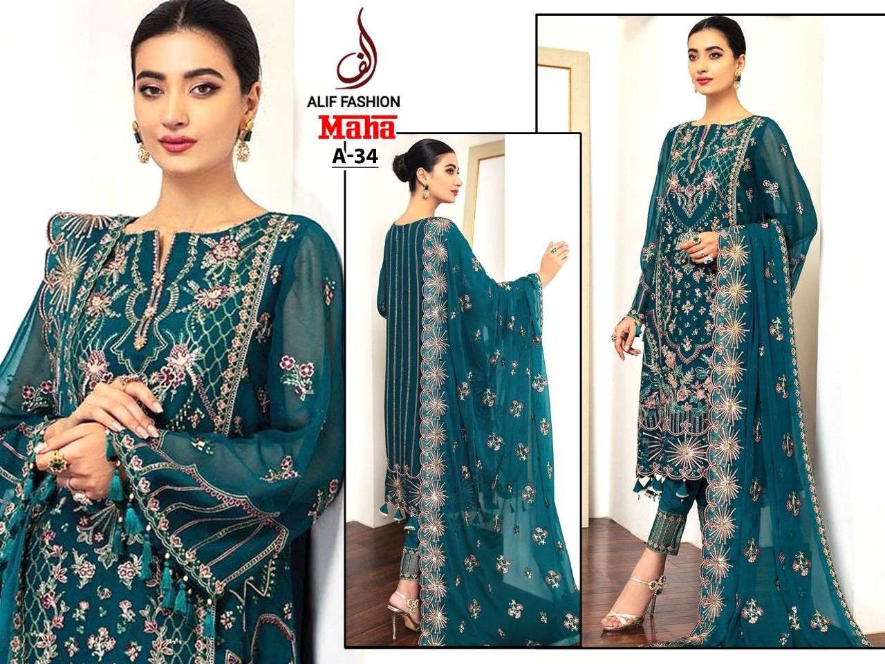 MAHA BY ALIF FASHION BEAUTIFUL PAKISTANI SUITS STYLISH COLORFUL FANCY CASUAL WEAR & ETHNIC WEAR FAUX GEORGETTE EMBROIDERED DRESSES AT WHOLESALE PRICE