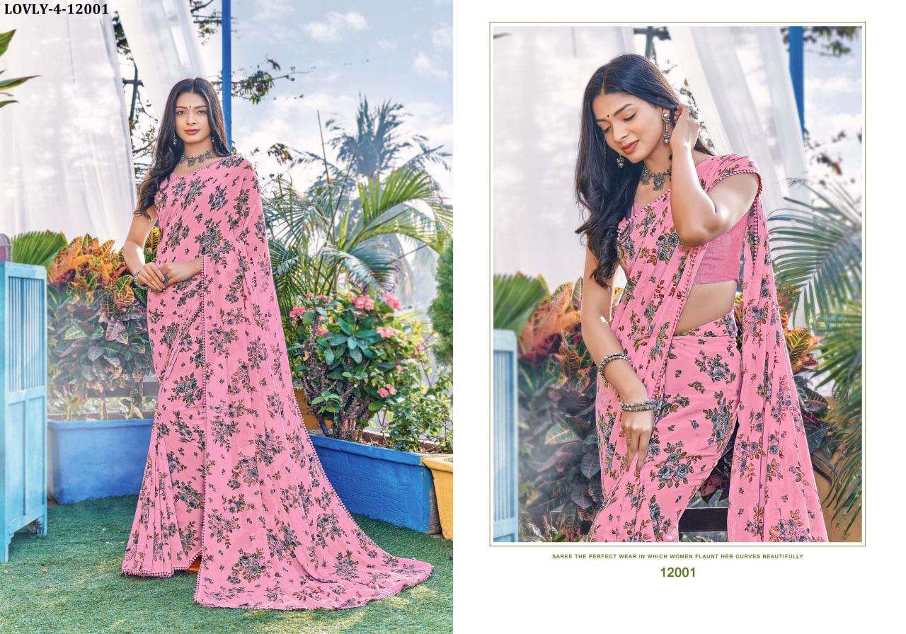 LOVELY VOL-4 BY SHREE MATARAM 12001 TO 12006 SERIES INDIAN TRADITIONAL WEAR COLLECTION BEAUTIFUL STYLISH FANCY COLORFUL PARTY WEAR & OCCASIONAL WEAR GEORGETTE PRINT SAREES AT WHOLESALE PRICE