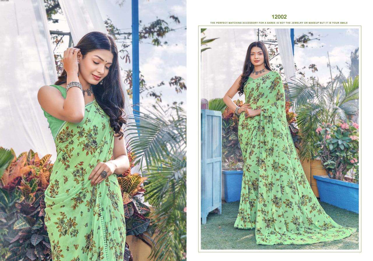 LOVELY VOL-4 BY SHREE MATARAM 12001 TO 12006 SERIES INDIAN TRADITIONAL WEAR COLLECTION BEAUTIFUL STYLISH FANCY COLORFUL PARTY WEAR & OCCASIONAL WEAR GEORGETTE PRINT SAREES AT WHOLESALE PRICE