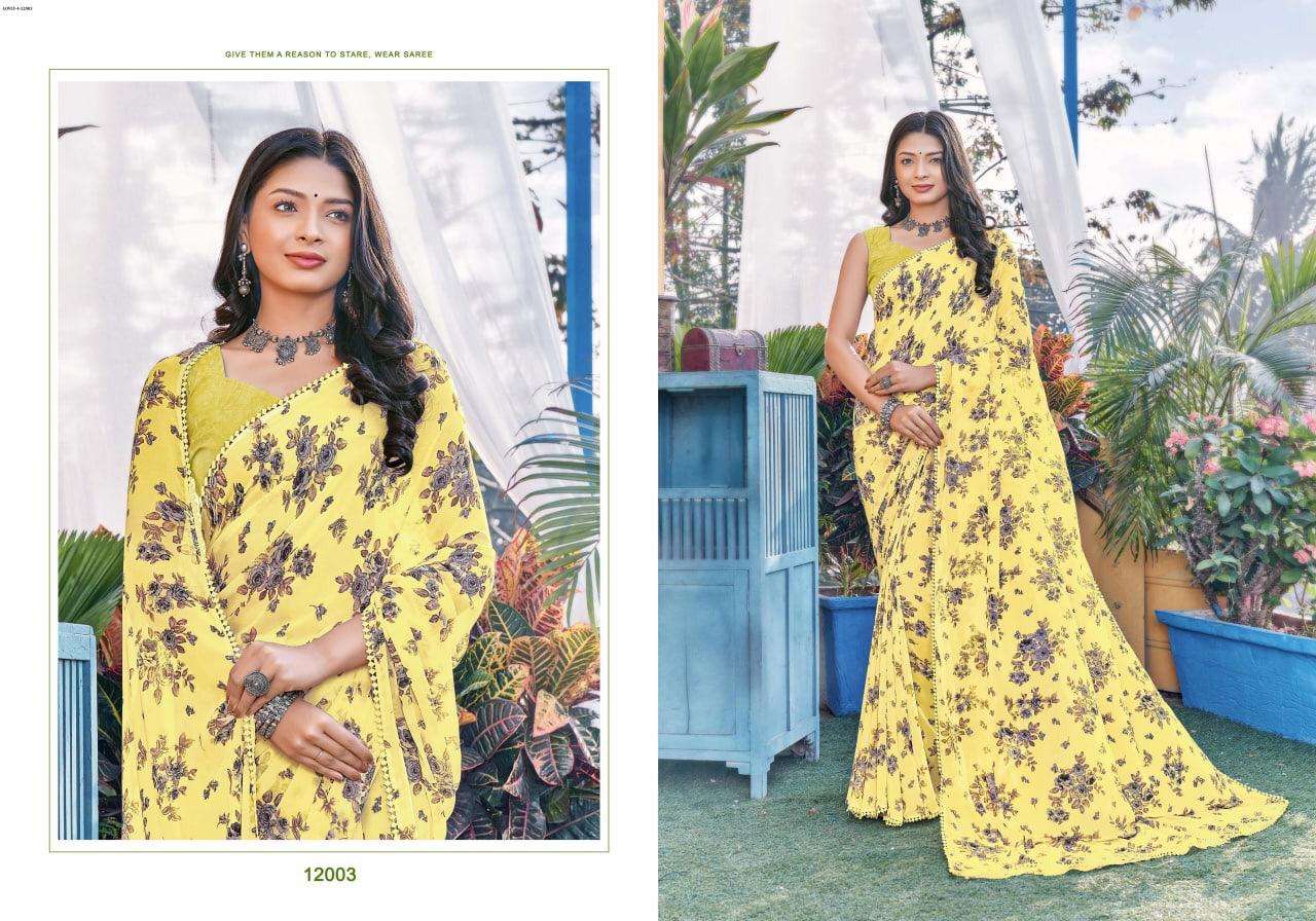 LOVELY VOL-4 BY SHREE MATARAM 12001 TO 12006 SERIES INDIAN TRADITIONAL WEAR COLLECTION BEAUTIFUL STYLISH FANCY COLORFUL PARTY WEAR & OCCASIONAL WEAR GEORGETTE PRINT SAREES AT WHOLESALE PRICE
