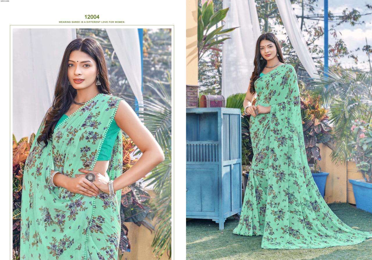 LOVELY VOL-4 BY SHREE MATARAM 12001 TO 12006 SERIES INDIAN TRADITIONAL WEAR COLLECTION BEAUTIFUL STYLISH FANCY COLORFUL PARTY WEAR & OCCASIONAL WEAR GEORGETTE PRINT SAREES AT WHOLESALE PRICE