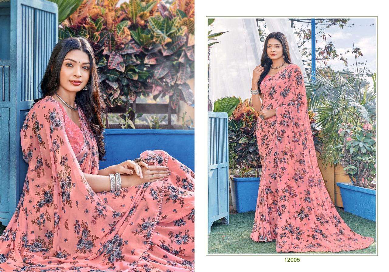 LOVELY VOL-4 BY SHREE MATARAM 12001 TO 12006 SERIES INDIAN TRADITIONAL WEAR COLLECTION BEAUTIFUL STYLISH FANCY COLORFUL PARTY WEAR & OCCASIONAL WEAR GEORGETTE PRINT SAREES AT WHOLESALE PRICE