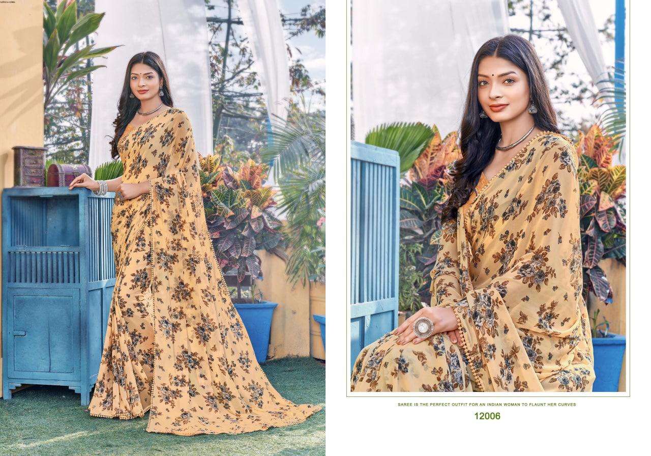 LOVELY VOL-4 BY SHREE MATARAM 12001 TO 12006 SERIES INDIAN TRADITIONAL WEAR COLLECTION BEAUTIFUL STYLISH FANCY COLORFUL PARTY WEAR & OCCASIONAL WEAR GEORGETTE PRINT SAREES AT WHOLESALE PRICE
