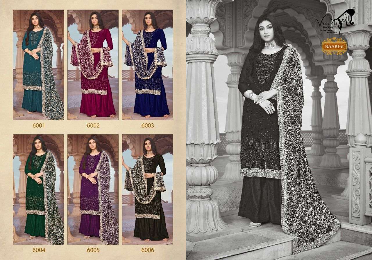 Naari Vol-6 By Vouche 6001 To 6006 Series Designer Sharara Suits Collection Beautiful Stylish Colorful Fancy Party Wear & Occasional Wear Georgette Dresses At Wholesale Price