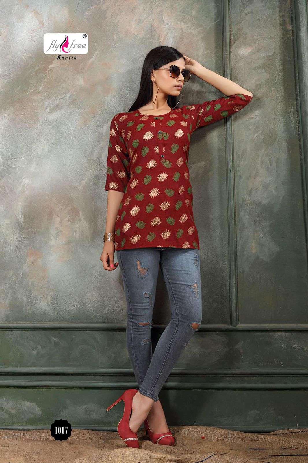 FOLK VOL-8 BY FLY FREE 1001 TO 1014 SERIES BEAUTIFUL STYLISH FANCY COLORFUL CASUAL WEAR & ETHNIC WEAR HEAVY RAYON PRINT TOPS AT WHOLESALE PRICE