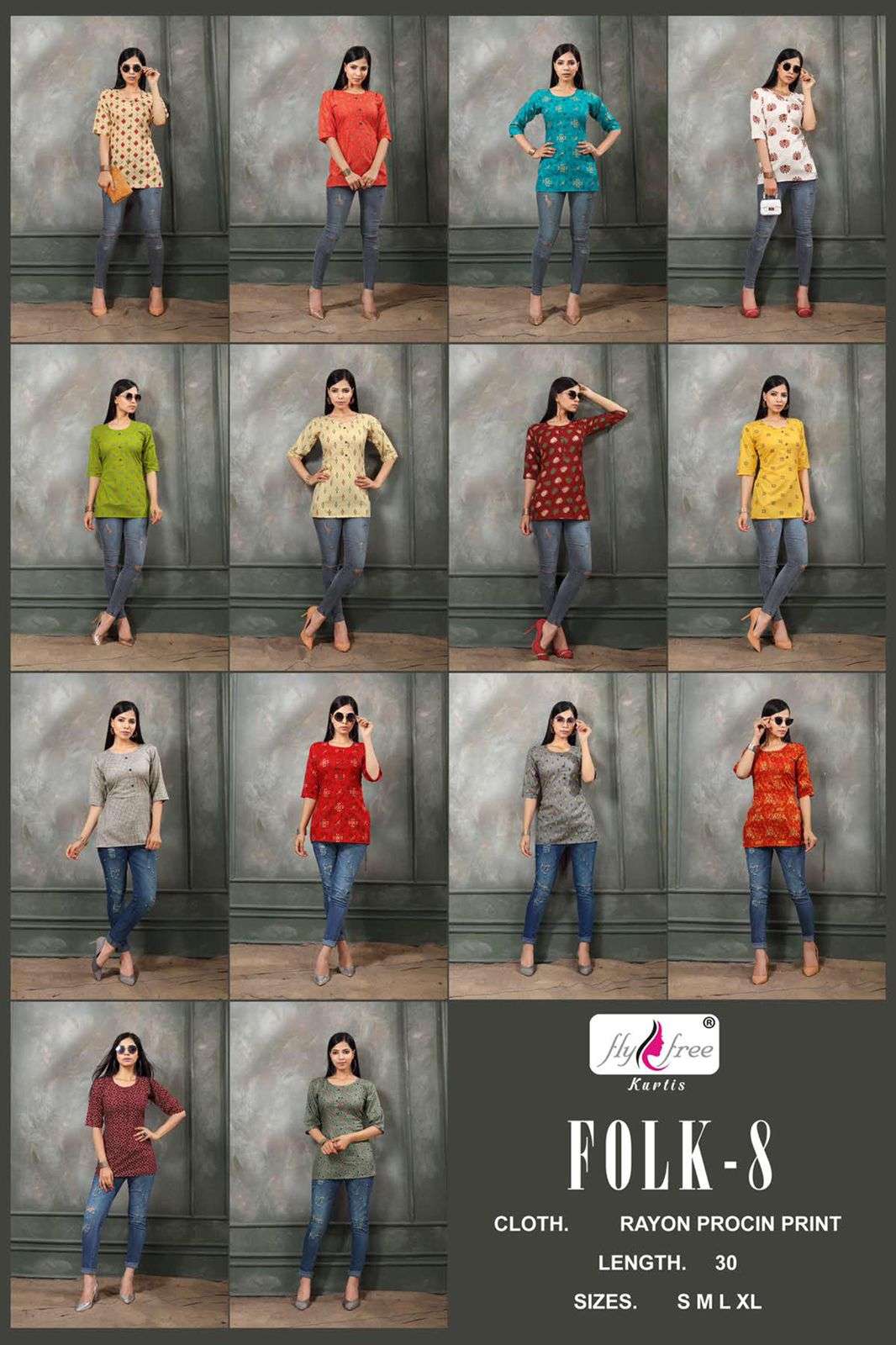 FOLK VOL-8 BY FLY FREE 1001 TO 1014 SERIES BEAUTIFUL STYLISH FANCY COLORFUL CASUAL WEAR & ETHNIC WEAR HEAVY RAYON PRINT TOPS AT WHOLESALE PRICE