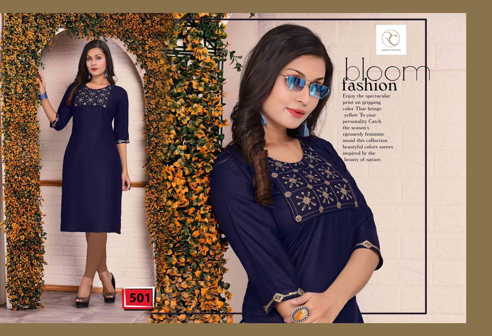 FLORA BY RC 501 TO 508 SERIES DESIGNER STYLISH FANCY COLORFUL BEAUTIFUL PARTY WEAR & ETHNIC WEAR COLLECTION RAYON WITH WORK KURTIS AT WHOLESALE PRICE