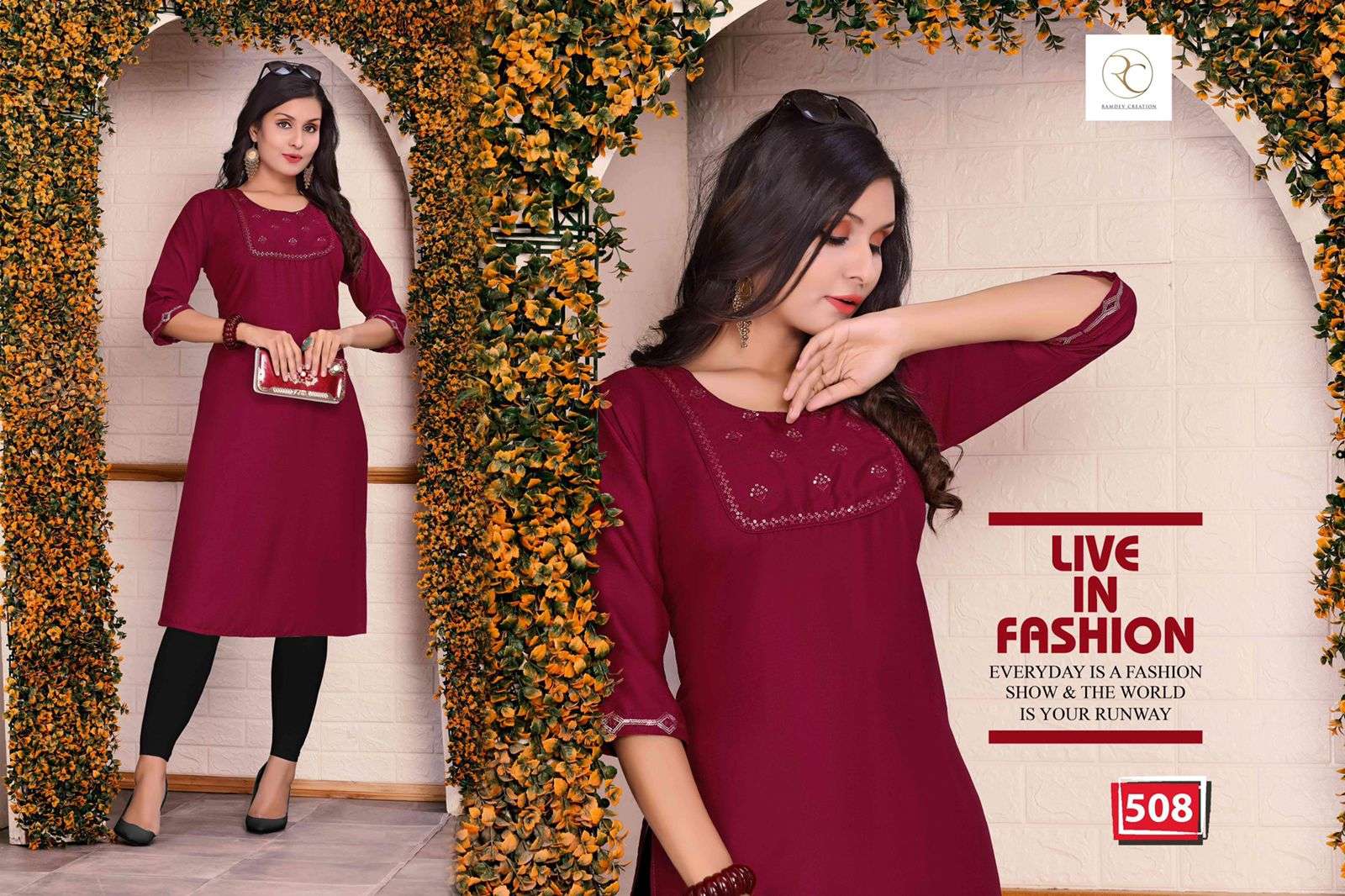 FLORA BY RC 501 TO 508 SERIES DESIGNER STYLISH FANCY COLORFUL BEAUTIFUL PARTY WEAR & ETHNIC WEAR COLLECTION RAYON WITH WORK KURTIS AT WHOLESALE PRICE