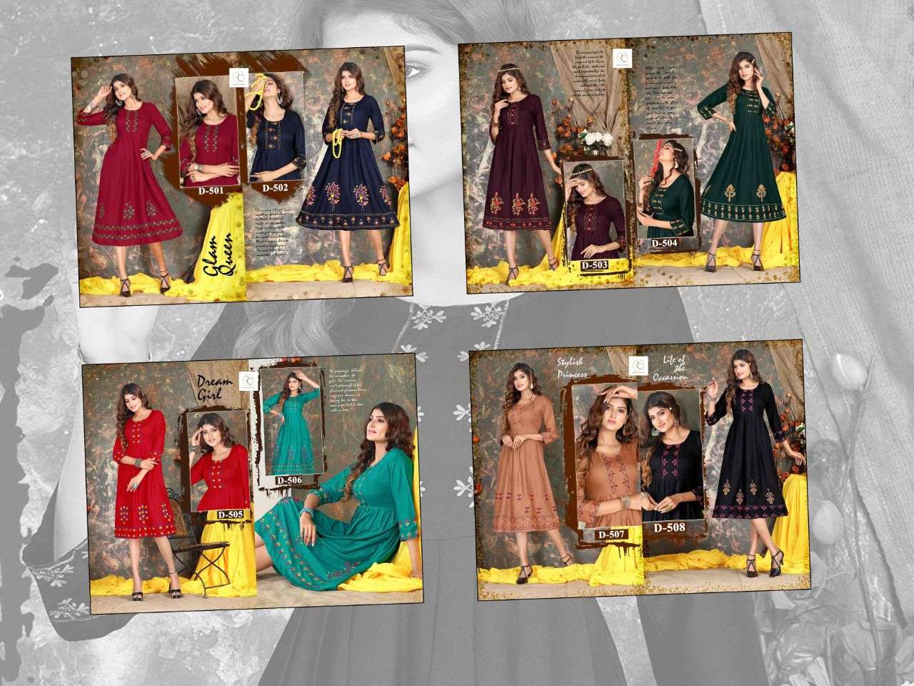 MOMENT BY RC 501 TO 508 SERIES DESIGNER STYLISH FANCY COLORFUL BEAUTIFUL PARTY WEAR & ETHNIC WEAR COLLECTION RAYON EMBROIDERY KURTIS AT WHOLESALE PRICE