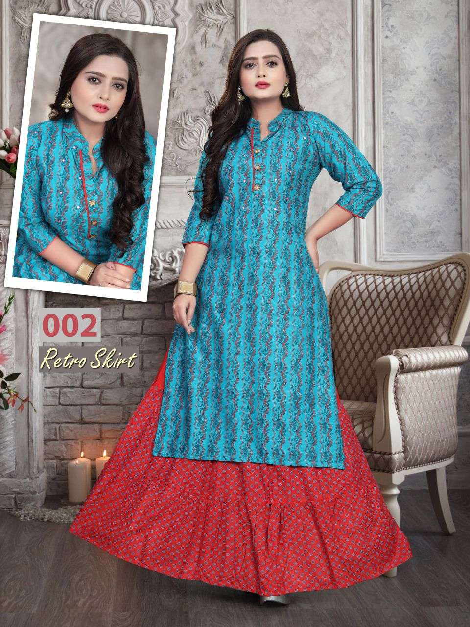 RETRO SKIRT VOL-2 BY AAGYA 001 TO 008 SERIES DESIGNER STYLISH FANCY COLORFUL BEAUTIFUL PARTY WEAR & ETHNIC WEAR COLLECTION RAYON SLUB KURTIS WITH BOTTOM AT WHOLESALE PRICE
