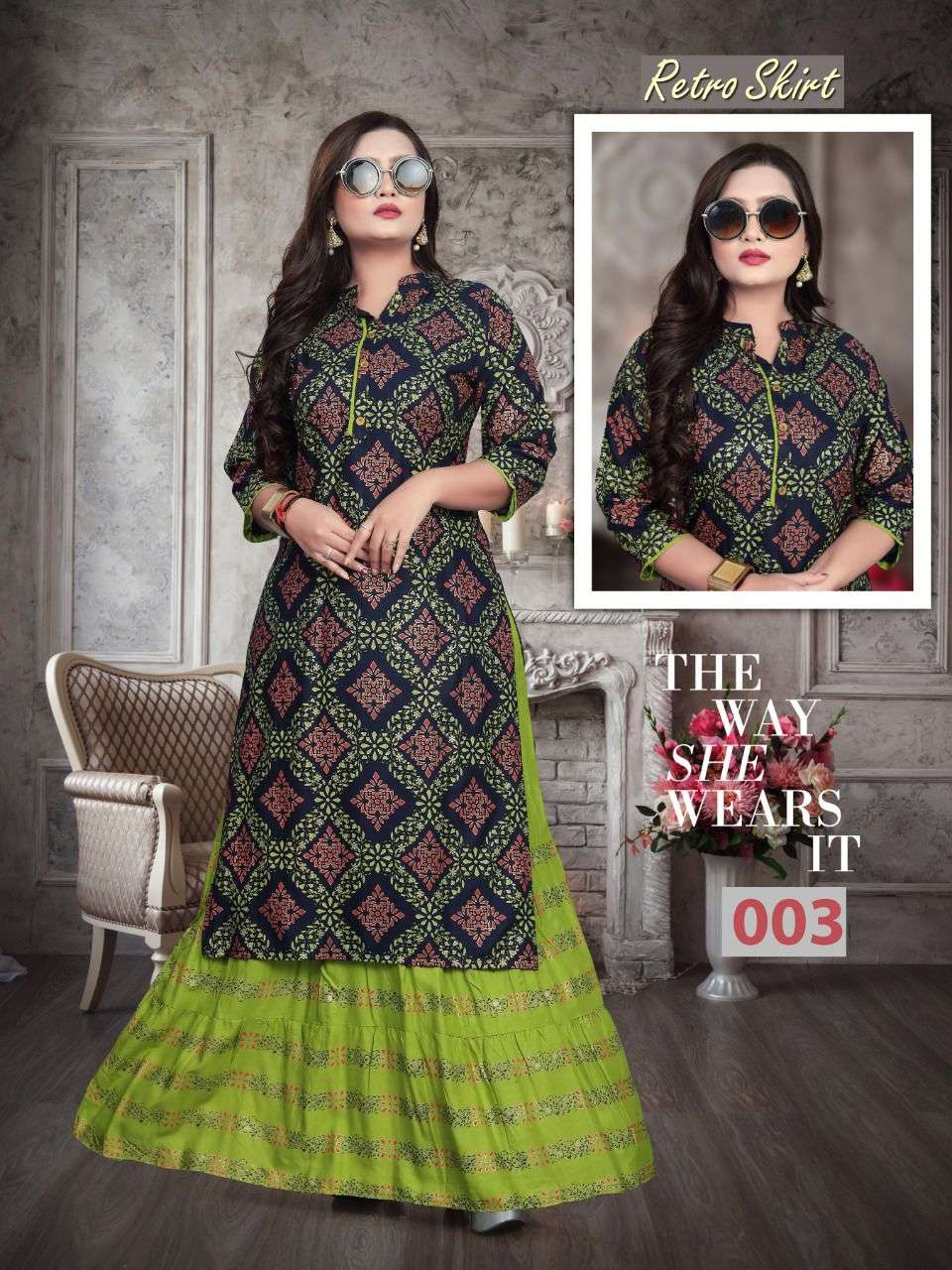RETRO SKIRT VOL-2 BY AAGYA 001 TO 008 SERIES DESIGNER STYLISH FANCY COLORFUL BEAUTIFUL PARTY WEAR & ETHNIC WEAR COLLECTION RAYON SLUB KURTIS WITH BOTTOM AT WHOLESALE PRICE