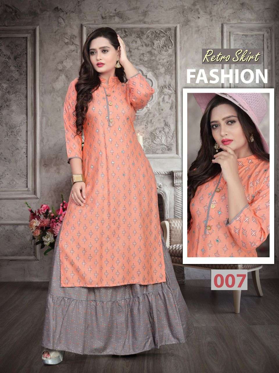 RETRO SKIRT VOL-2 BY AAGYA 001 TO 008 SERIES DESIGNER STYLISH FANCY COLORFUL BEAUTIFUL PARTY WEAR & ETHNIC WEAR COLLECTION RAYON SLUB KURTIS WITH BOTTOM AT WHOLESALE PRICE