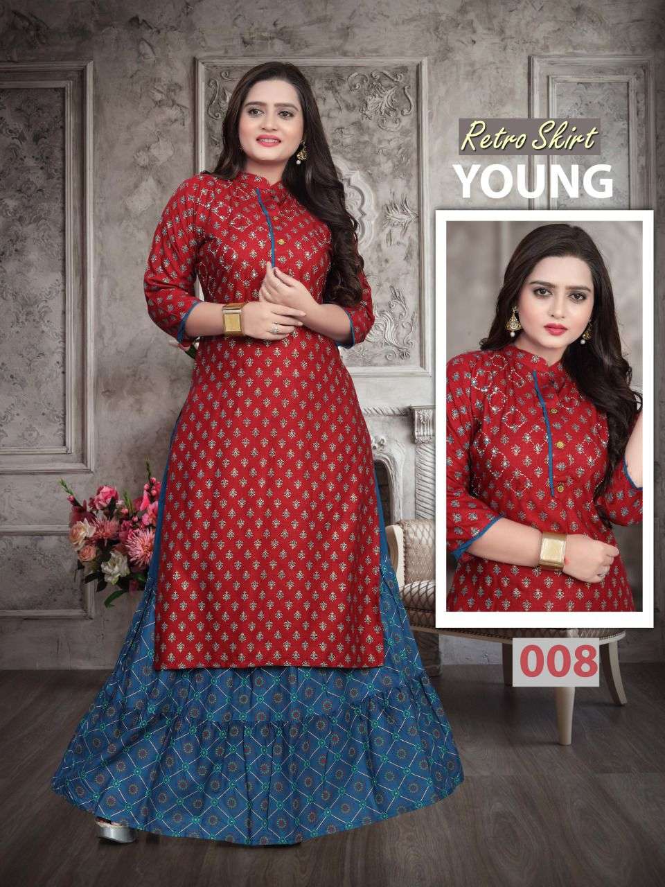 RETRO SKIRT VOL-2 BY AAGYA 001 TO 008 SERIES DESIGNER STYLISH FANCY COLORFUL BEAUTIFUL PARTY WEAR & ETHNIC WEAR COLLECTION RAYON SLUB KURTIS WITH BOTTOM AT WHOLESALE PRICE