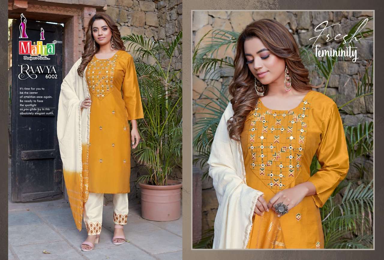 RAAVYA VOL-6 BY MAIRA 6001 TO 6008 SERIES BEAUTIFUL SUITS COLORFUL STYLISH FANCY CASUAL WEAR & ETHNIC WEAR HEAVY SILK DRESSES AT WHOLESALE PRICE