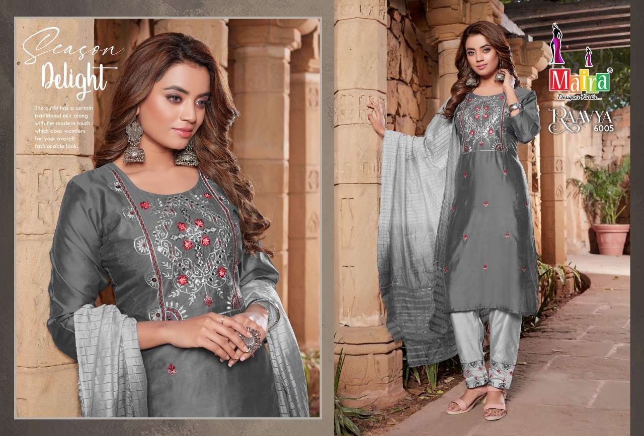 RAAVYA VOL-6 BY MAIRA 6001 TO 6008 SERIES BEAUTIFUL SUITS COLORFUL STYLISH FANCY CASUAL WEAR & ETHNIC WEAR HEAVY SILK DRESSES AT WHOLESALE PRICE