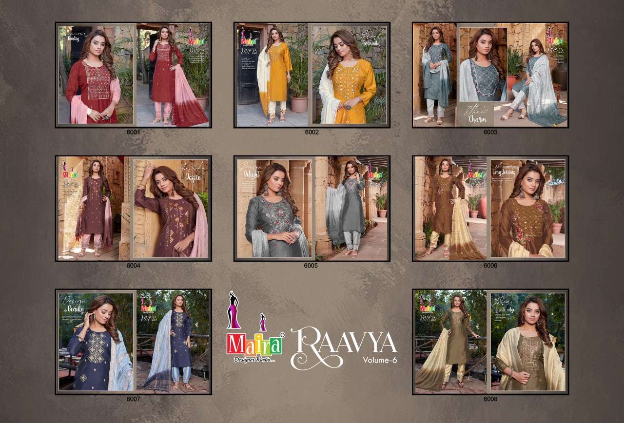 RAAVYA VOL-6 BY MAIRA 6001 TO 6008 SERIES BEAUTIFUL SUITS COLORFUL STYLISH FANCY CASUAL WEAR & ETHNIC WEAR HEAVY SILK DRESSES AT WHOLESALE PRICE