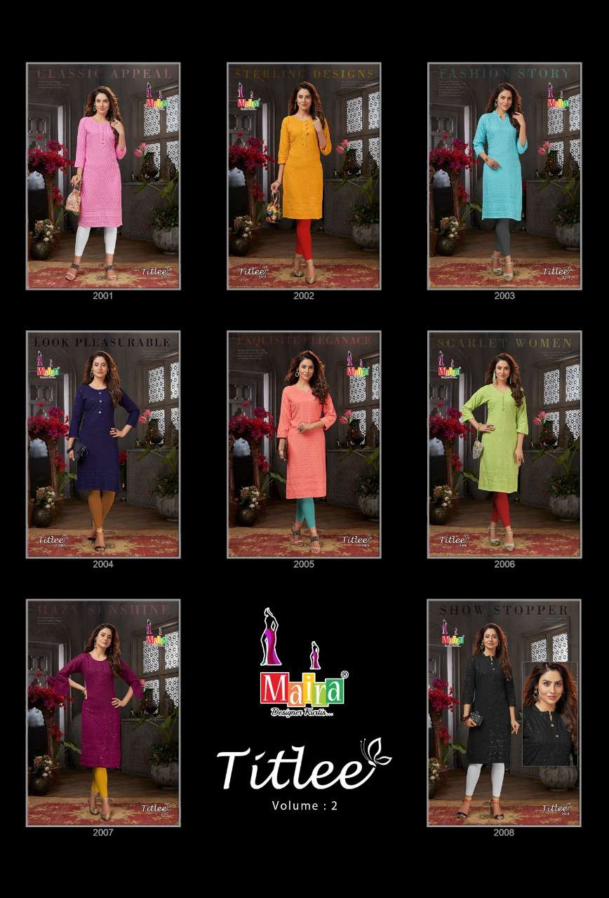 TITLEE VOL-2 BY MAIRA 2001 TO 2008 SERIES DESIGNER STYLISH FANCY COLORFUL BEAUTIFUL PARTY WEAR & ETHNIC WEAR COLLECTION HEAVY RAYON EMBROIDERY KURTIS AT WHOLESALE PRICE