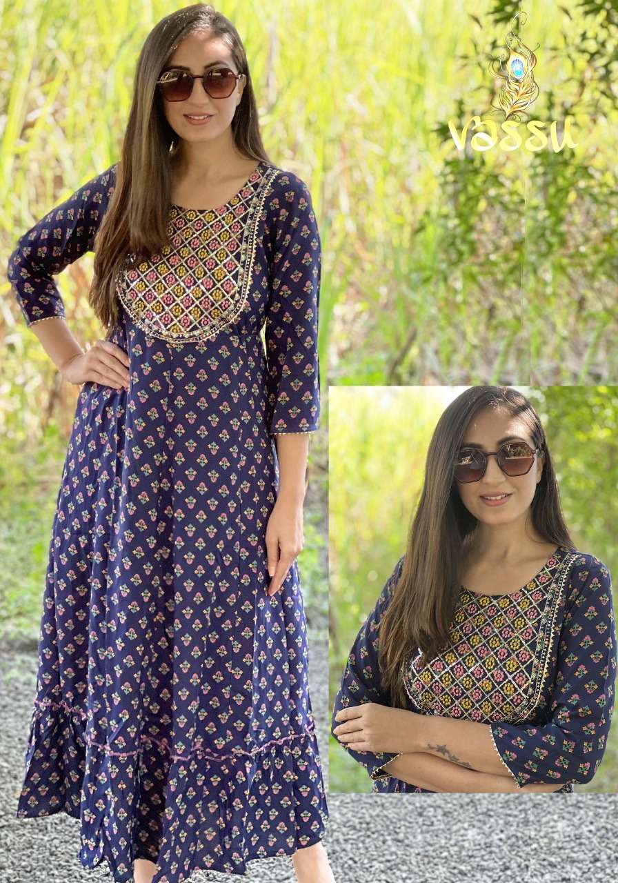 SUMMER COOL BY VASSU 01 TO 04 SERIES BEAUTIFUL STYLISH FANCY COLORFUL CASUAL WEAR & ETHNIC WEAR HEAVY RAYON PRINT GOWNS WITH JACKET AT WHOLESALE PRICE