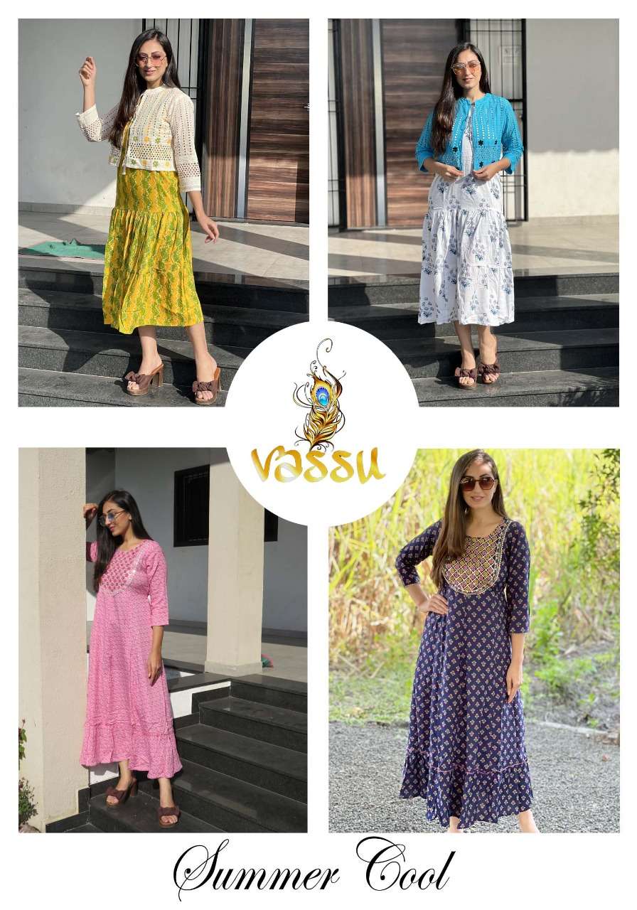 SUMMER COOL BY VASSU 01 TO 04 SERIES BEAUTIFUL STYLISH FANCY COLORFUL CASUAL WEAR & ETHNIC WEAR HEAVY RAYON PRINT GOWNS WITH JACKET AT WHOLESALE PRICE