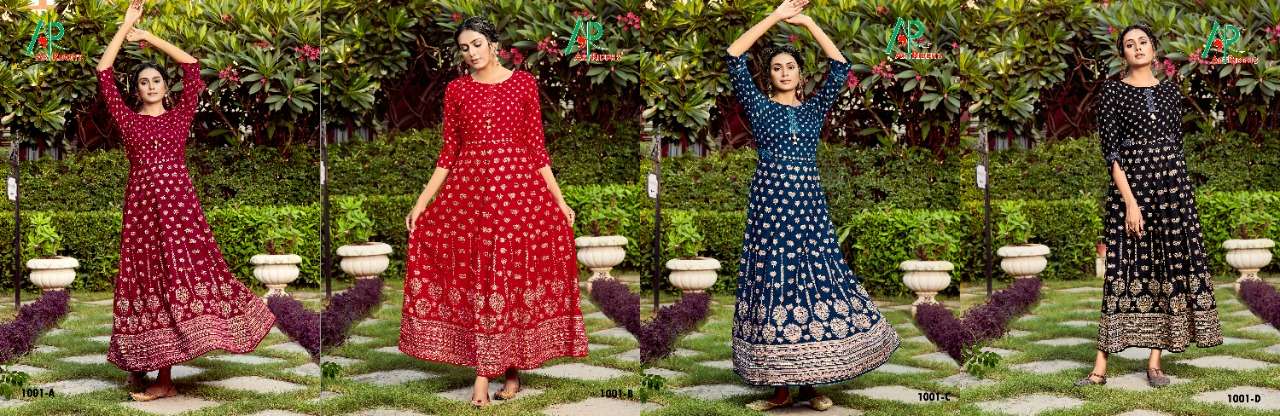 KALI GOWN BY ART RIDDHS 1001-A TO 1006-D SERIES BEAUTIFUL STYLISH FANCY COLORFUL CASUAL WEAR & ETHNIC WEAR RAYON PRINT GOWNS AT WHOLESALE PRICE