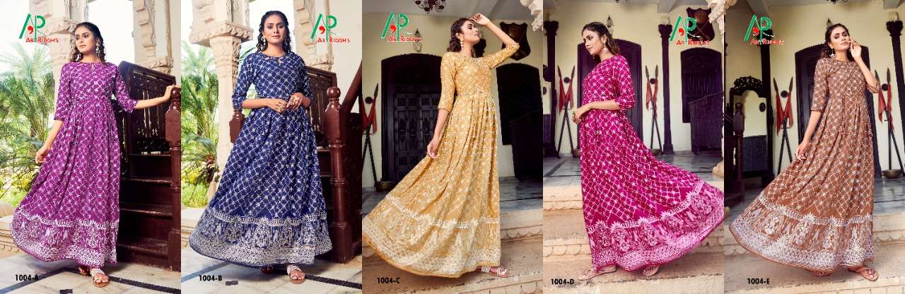 KALI GOWN BY ART RIDDHS 1001-A TO 1006-D SERIES BEAUTIFUL STYLISH FANCY COLORFUL CASUAL WEAR & ETHNIC WEAR RAYON PRINT GOWNS AT WHOLESALE PRICE