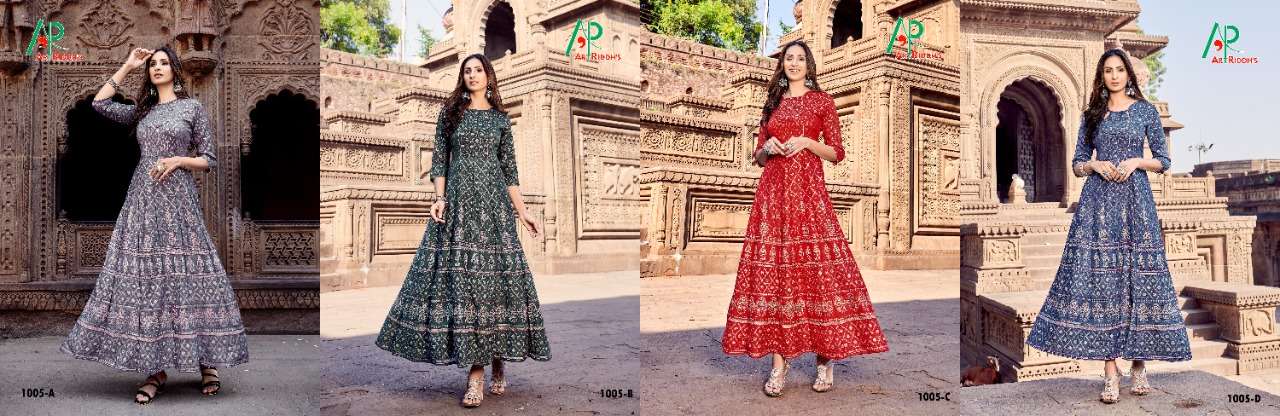 KALI GOWN BY ART RIDDHS 1001-A TO 1006-D SERIES BEAUTIFUL STYLISH FANCY COLORFUL CASUAL WEAR & ETHNIC WEAR RAYON PRINT GOWNS AT WHOLESALE PRICE