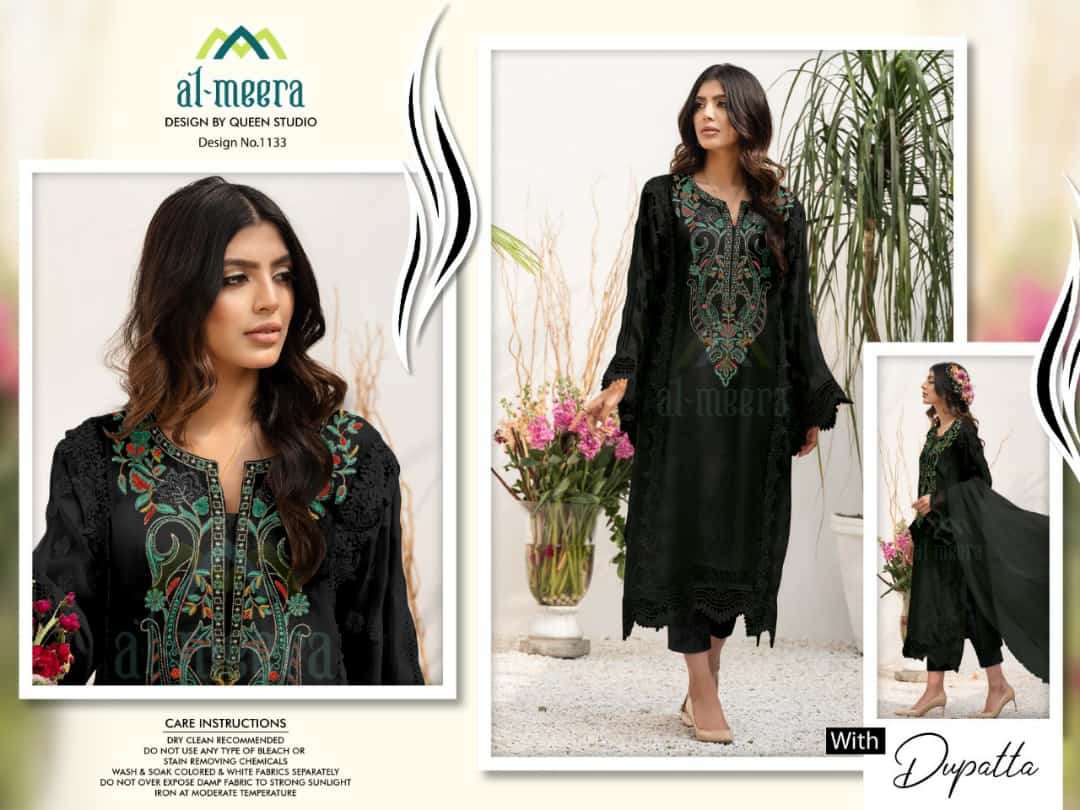 AL-MEERA HIT DESIGN 1133 COLOURS VOL-2 BY AL-MEERA 1133-D TO 1133-F SERIES DESIGNER PAKISTANI SUITS BEAUTIFUL STYLISH FANCY COLORFUL PARTY WEAR & OCCASIONAL WEAR HEAVY FAUX GEORGETTE DRESSES AT WHOLESALE PRICE