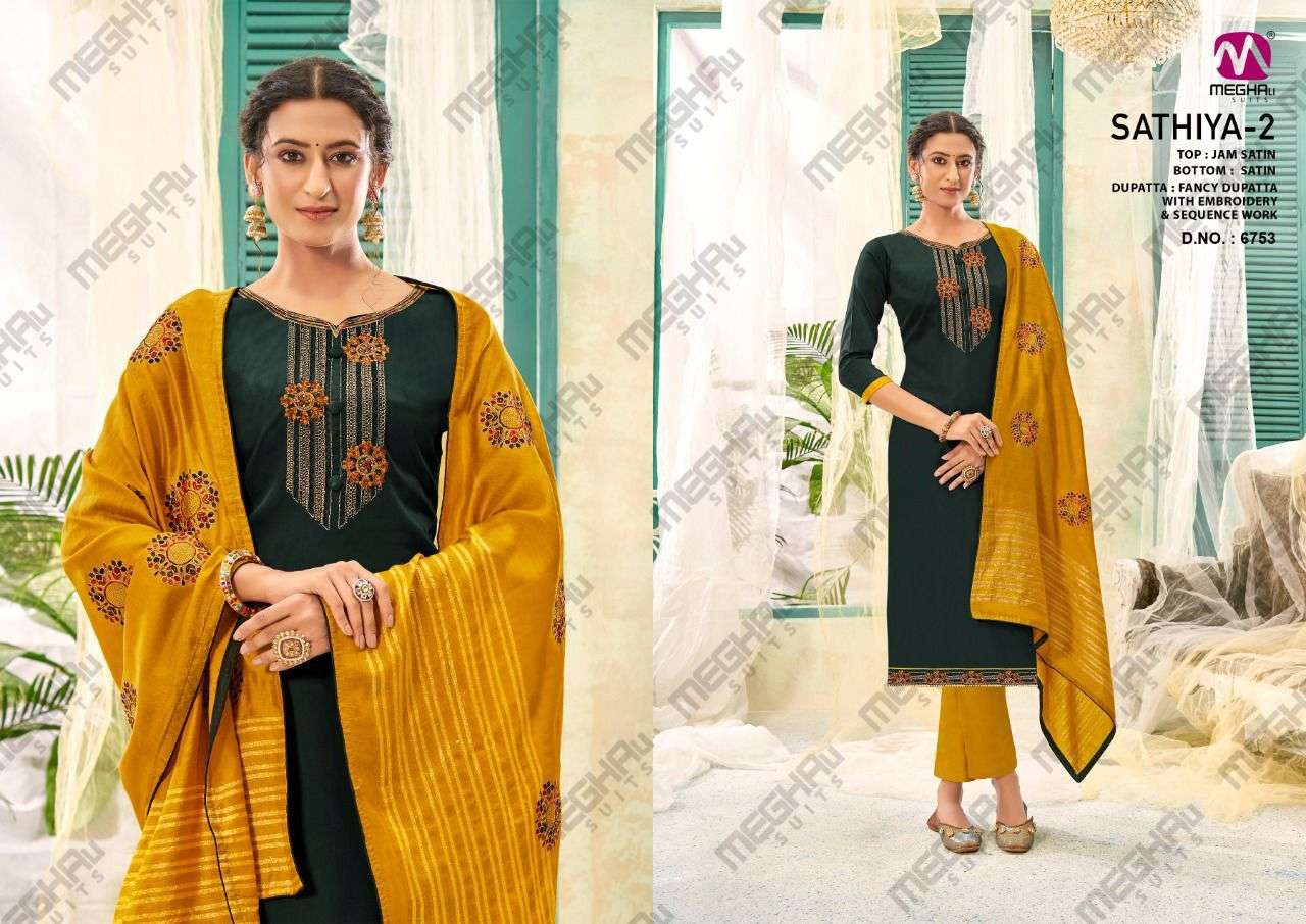 SATHIYA VOL-2 BY MEGHALI SUITS 6753 TO 6758 SERIES BEAUTIFUL SUITS COLORFUL STYLISH FANCY CASUAL WEAR & ETHNIC WEAR JAM SATIN DRESSES AT WHOLESALE PRICE