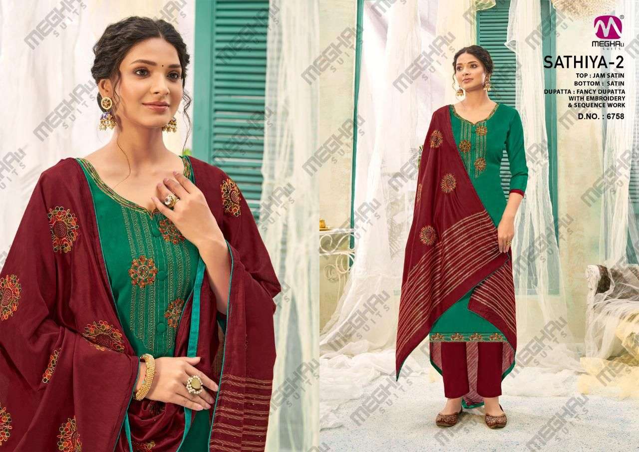 SATHIYA VOL-2 BY MEGHALI SUITS 6753 TO 6758 SERIES BEAUTIFUL SUITS COLORFUL STYLISH FANCY CASUAL WEAR & ETHNIC WEAR JAM SATIN DRESSES AT WHOLESALE PRICE